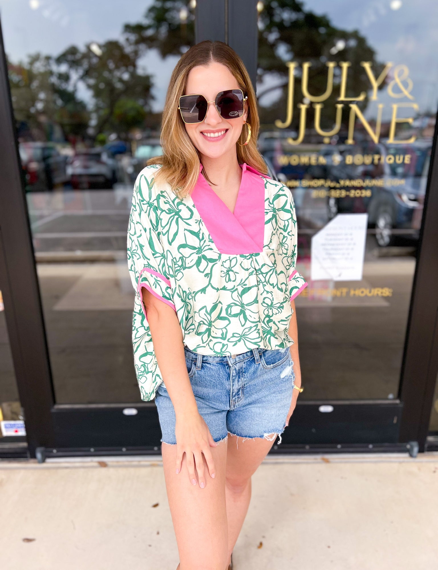 Green & Pink Floral Blouse-200 Fashion Blouses-ENTRO-July & June Women's Fashion Boutique Located in San Antonio, Texas