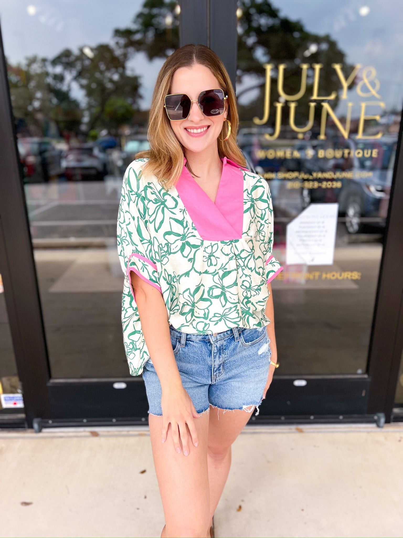 Green & Pink Floral Blouse-200 Fashion Blouses-ENTRO-July & June Women's Fashion Boutique Located in San Antonio, Texas