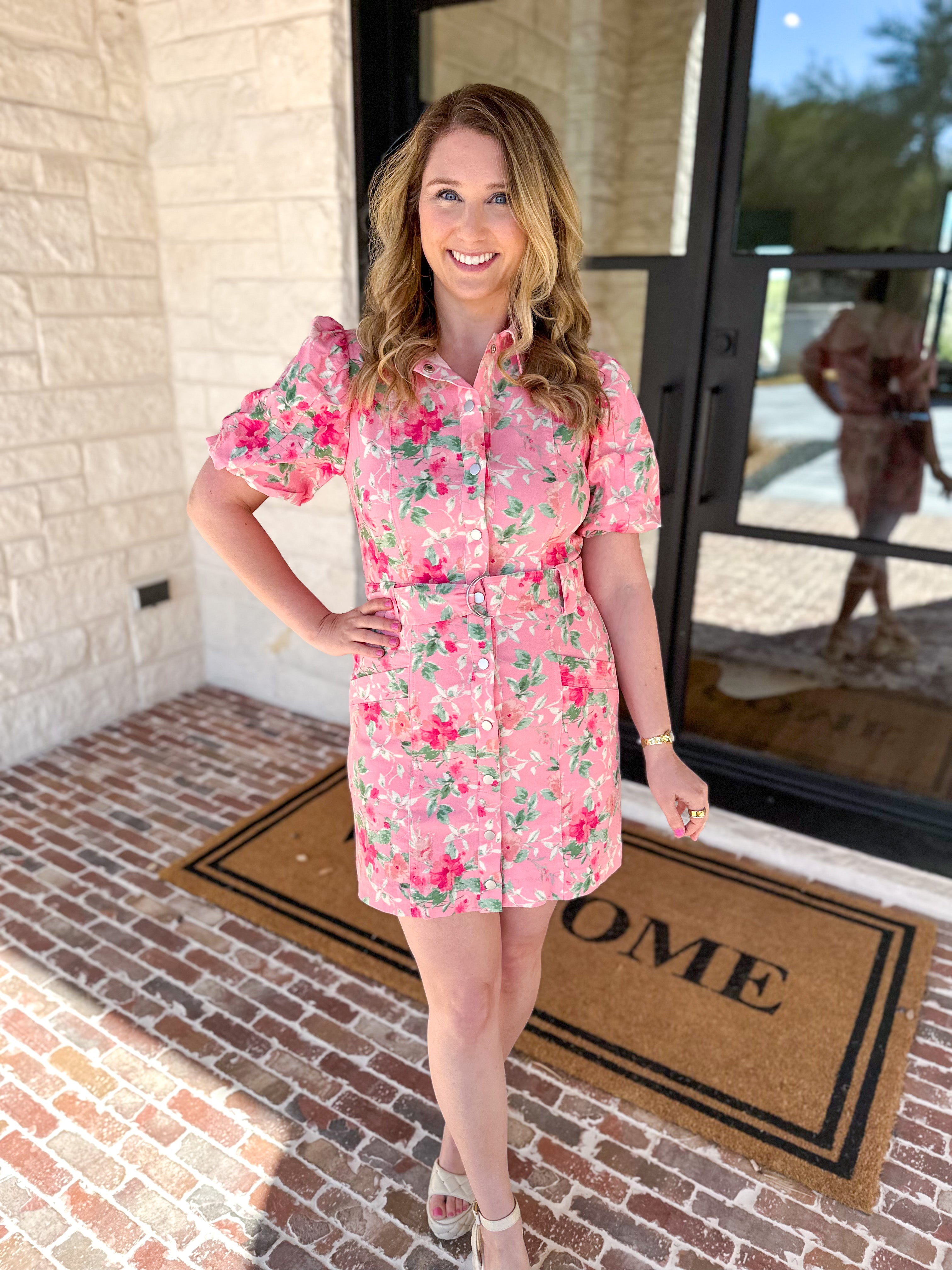 Pink Floral Denim Mini Dress-510 Mini-FATE-July & June Women's Fashion Boutique Located in San Antonio, Texas