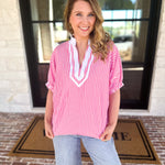 Seersucker Sweet Blouse - Pink-200 Fashion Blouses-ENTRO-July & June Women's Fashion Boutique Located in San Antonio, Texas