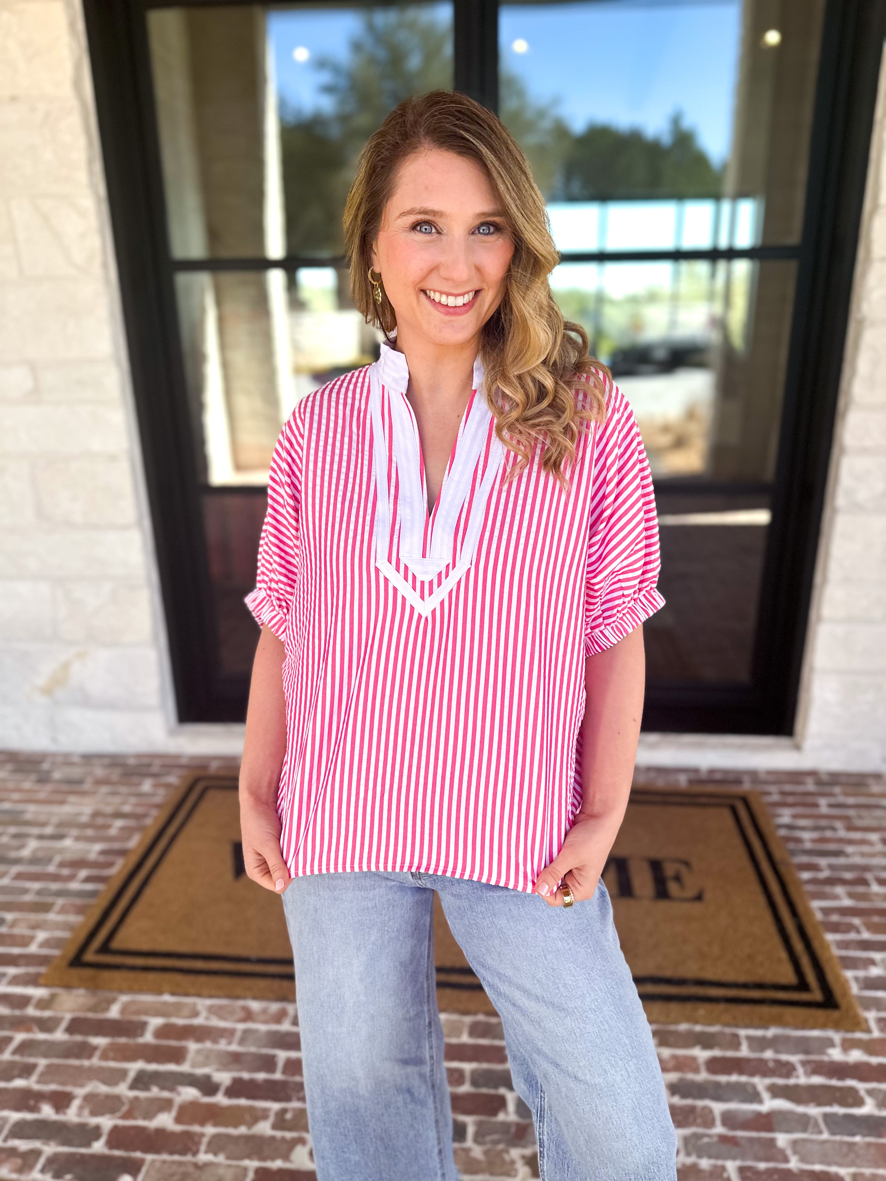 Seersucker Sweet Blouse - Pink-200 Fashion Blouses-ENTRO-July & June Women's Fashion Boutique Located in San Antonio, Texas