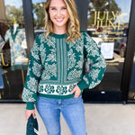 Pine Green Floral Sweater-230 Sweaters/Cardis-ENTRO-July & June Women's Fashion Boutique Located in San Antonio, Texas