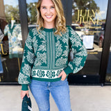Pine Green Floral Sweater-230 Sweaters/Cardis-ENTRO-July & June Women's Fashion Boutique Located in San Antonio, Texas