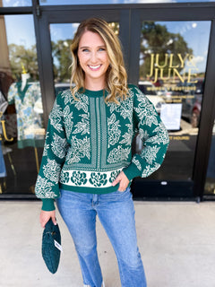 Pine Green Floral Sweater-230 Sweaters/Cardis-ENTRO-July & June Women's Fashion Boutique Located in San Antonio, Texas