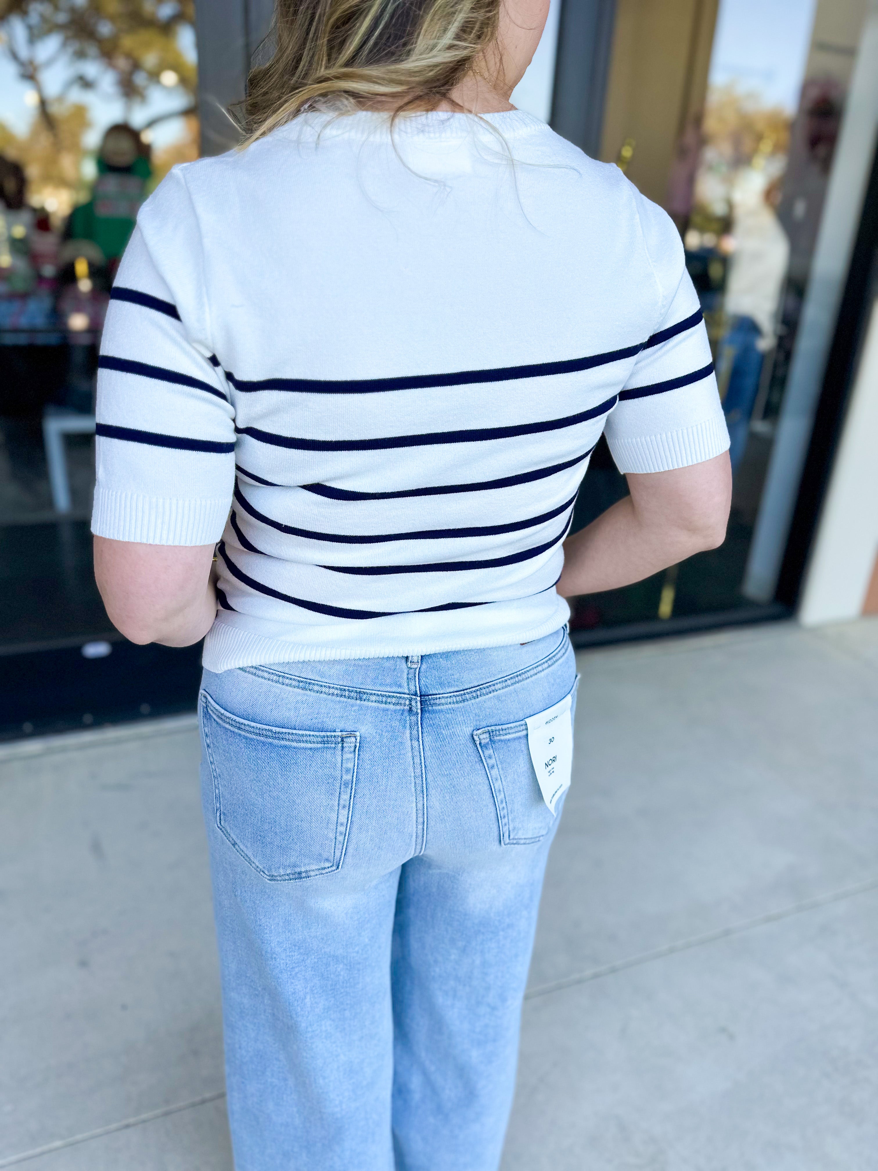 Short Sleeve Stripped Sweater Top - Ivory & Navy-230 Sweaters/Cardis-ALLIE ROSE-July & June Women's Fashion Boutique Located in San Antonio, Texas