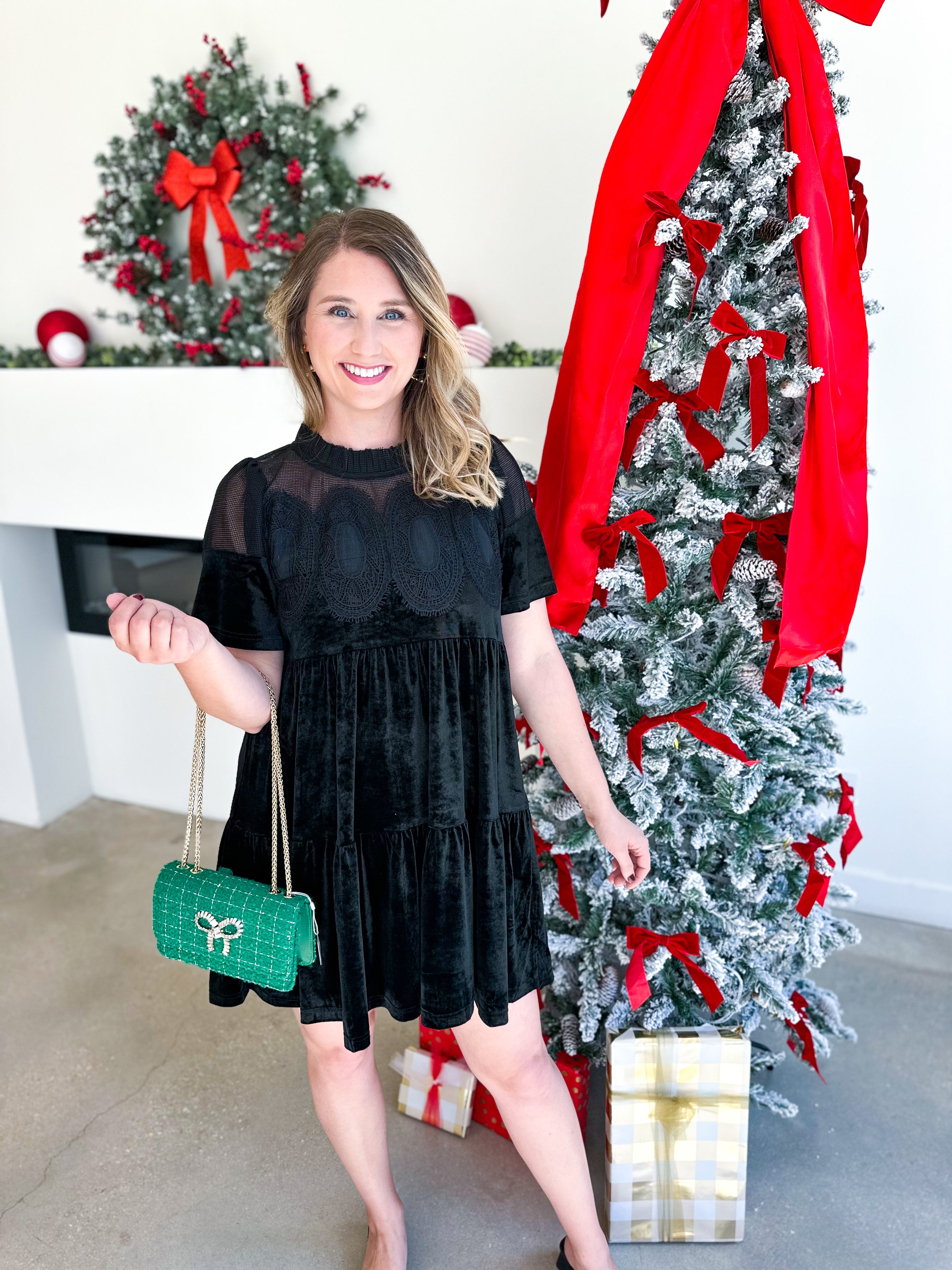 Lace Details Velvet Mini Dress - Black-510 Mini-FATE-July & June Women's Fashion Boutique Located in San Antonio, Texas