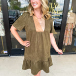 THML - Olive & Tan Suede Mini Dress-510 Mini-THML-July & June Women's Fashion Boutique Located in San Antonio, Texas