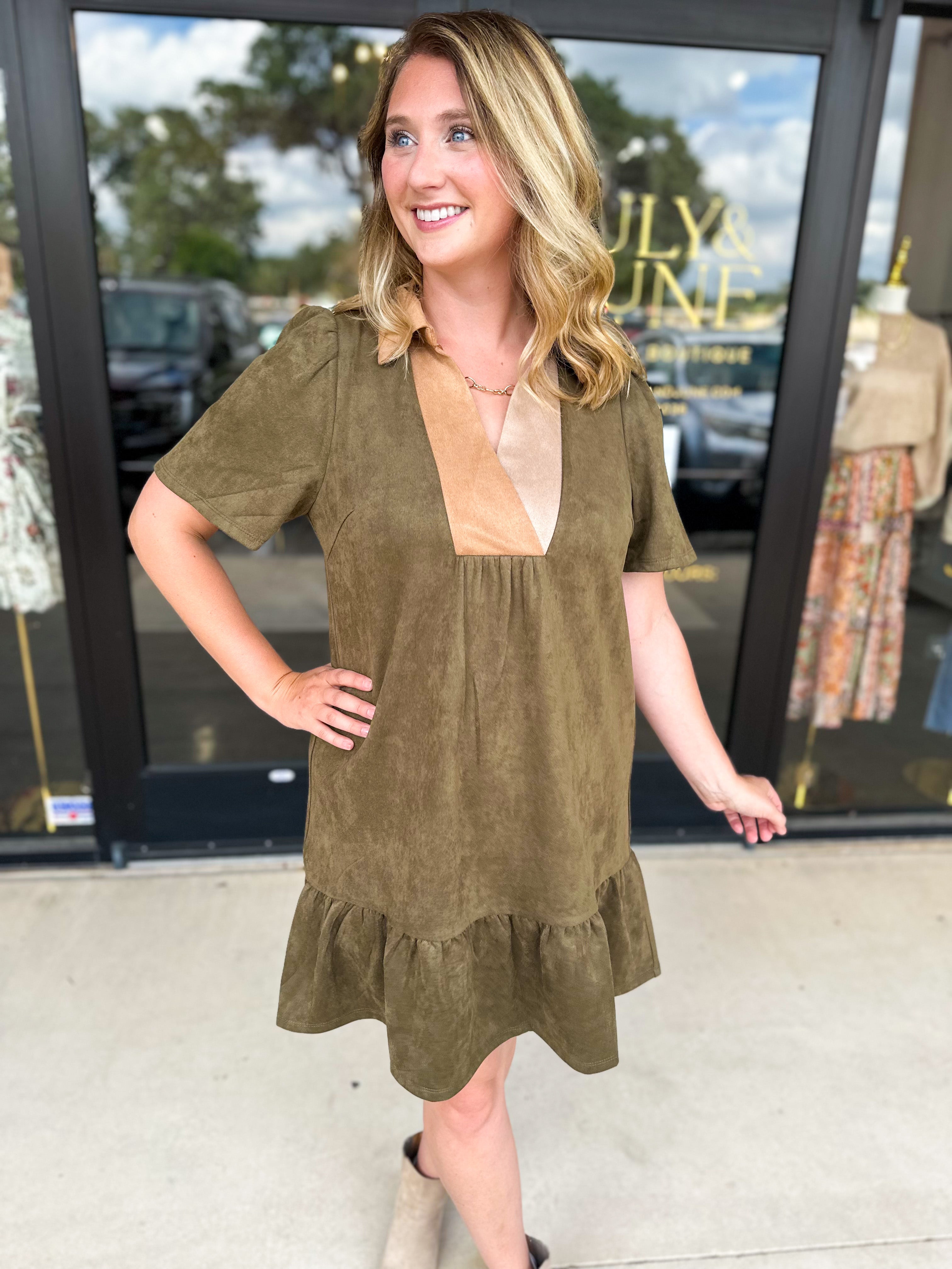 THML - Olive & Tan Suede Mini Dress-510 Mini-THML-July & June Women's Fashion Boutique Located in San Antonio, Texas