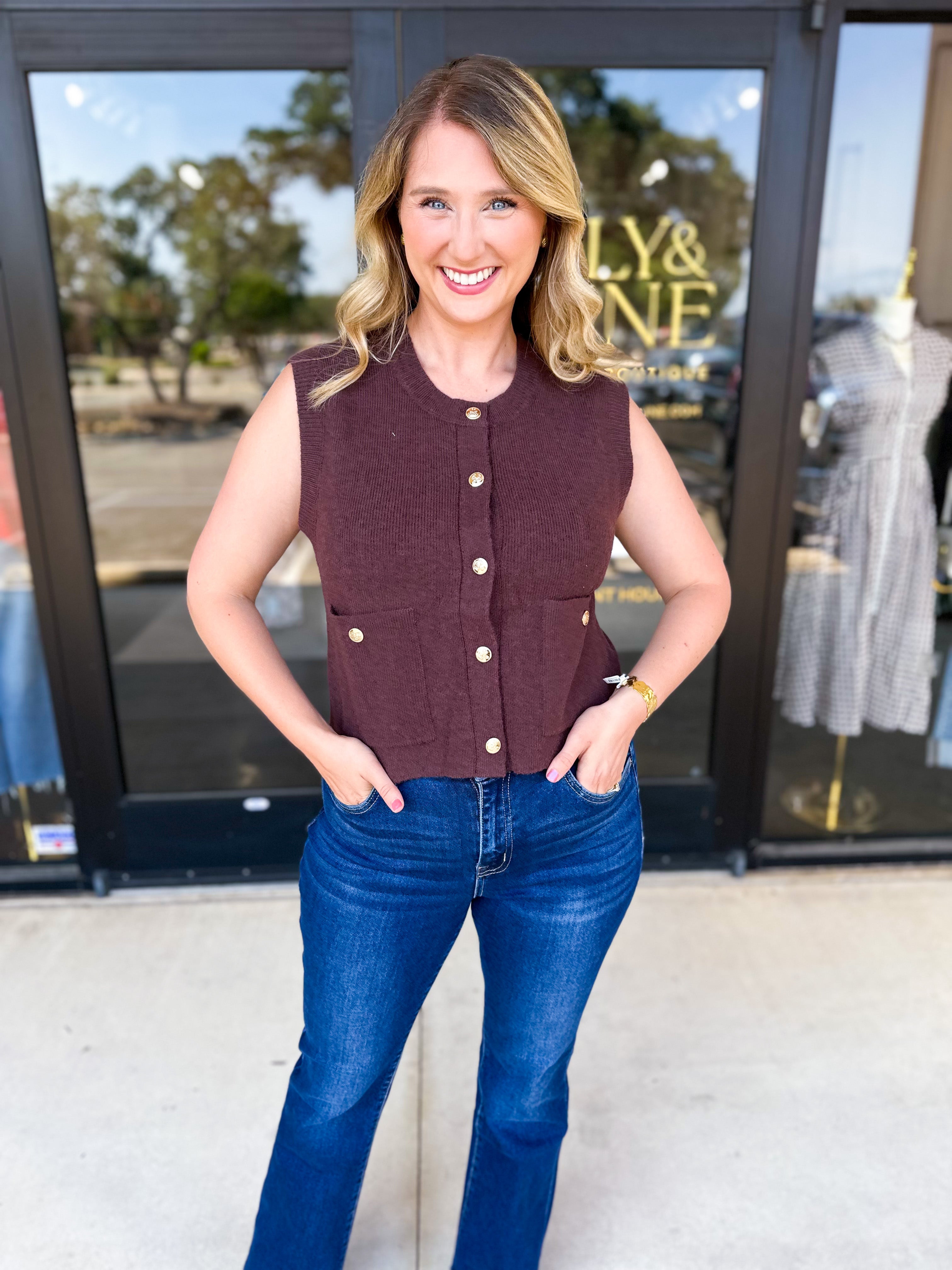 Classic Chic Knit Vest - Brown-230 Sweaters/Cardis-ENTRO-July & June Women's Fashion Boutique Located in San Antonio, Texas