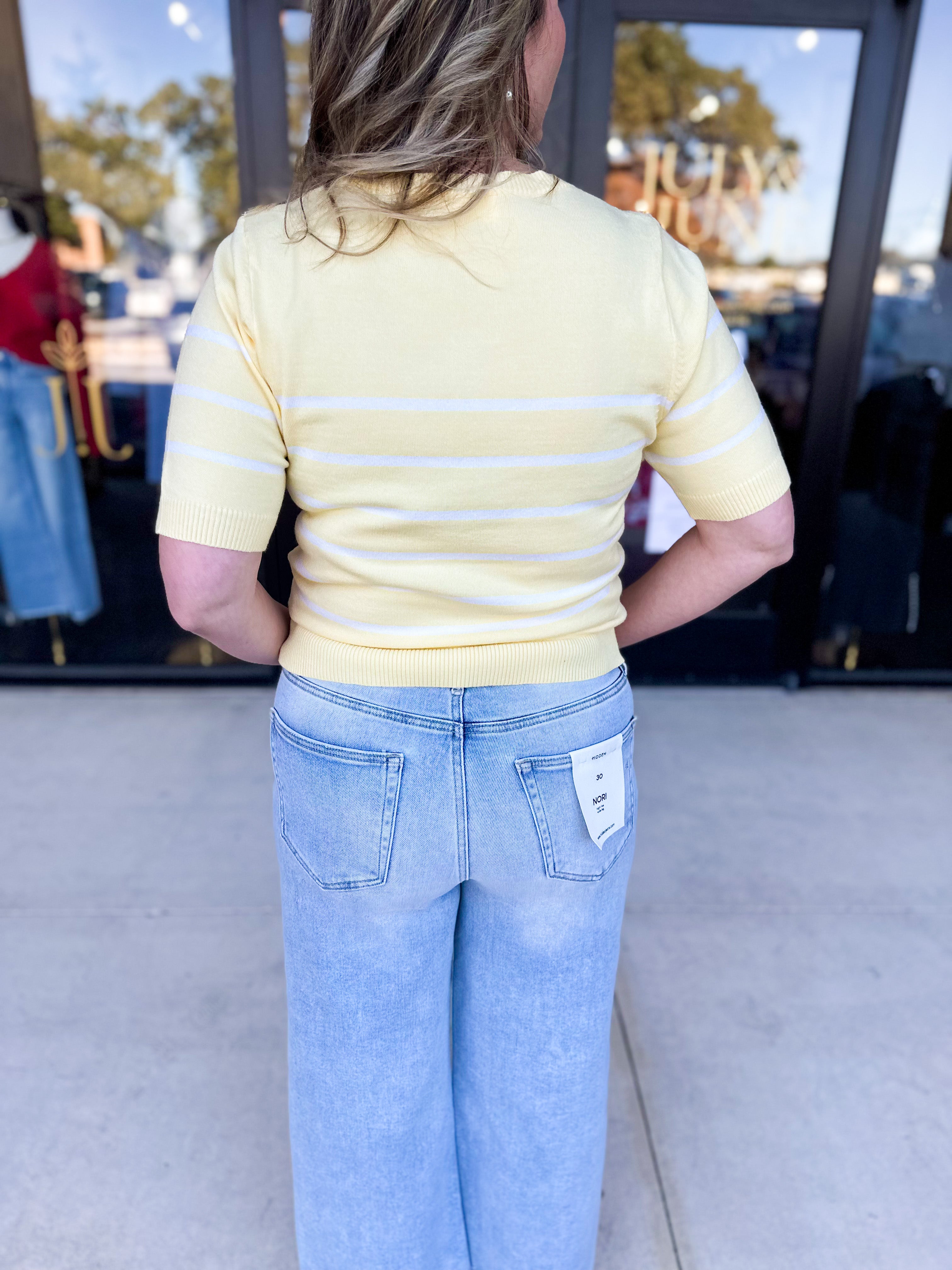 Short Sleeve Stripped Sweater Top - Lemon-230 Sweaters/Cardis-ALLIE ROSE-July & June Women's Fashion Boutique Located in San Antonio, Texas