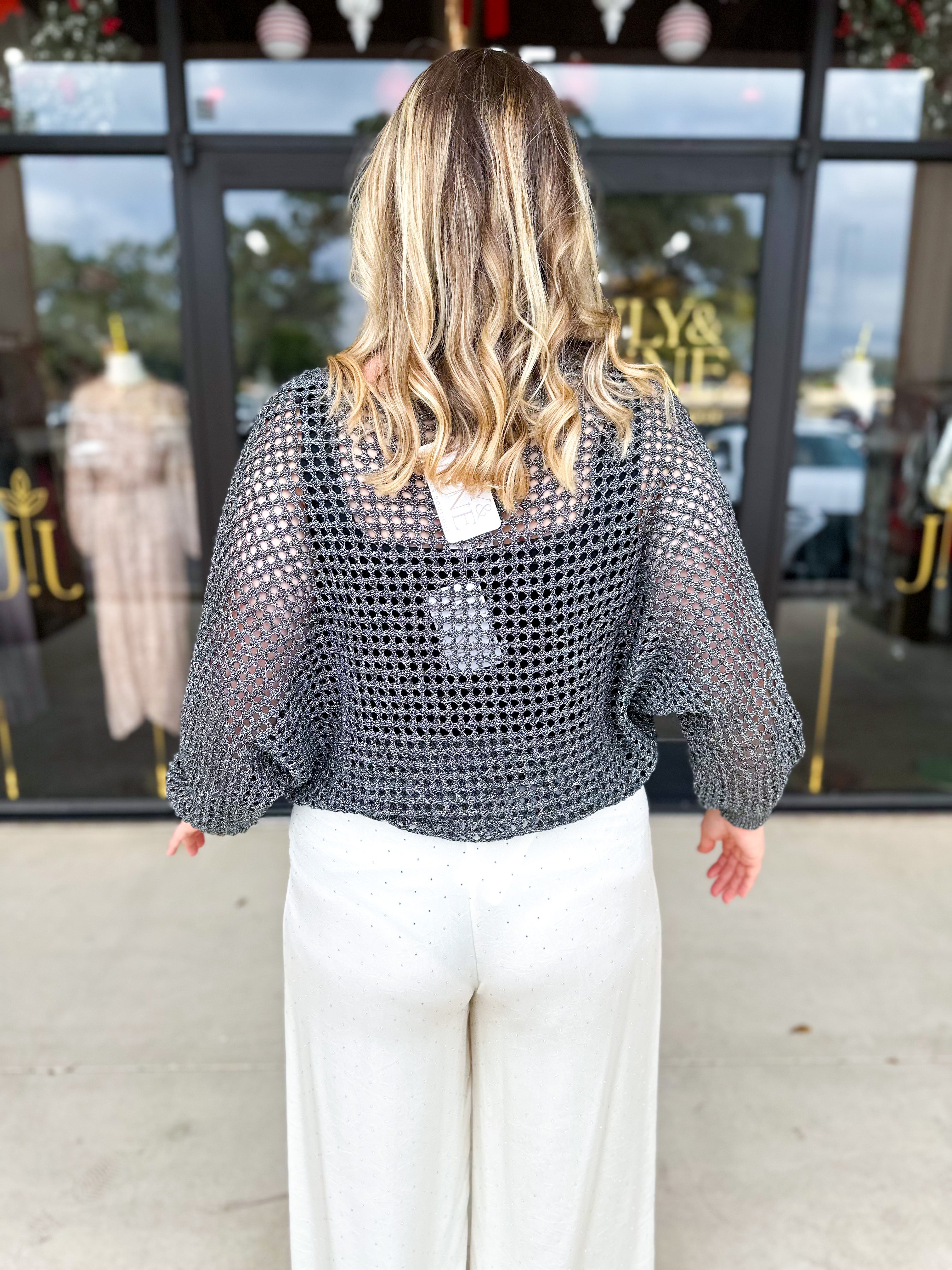 Foil Knit Sweater Top - Black Silver-230 Sweaters/Cardis-ALLIE ROSE-July & June Women's Fashion Boutique Located in San Antonio, Texas