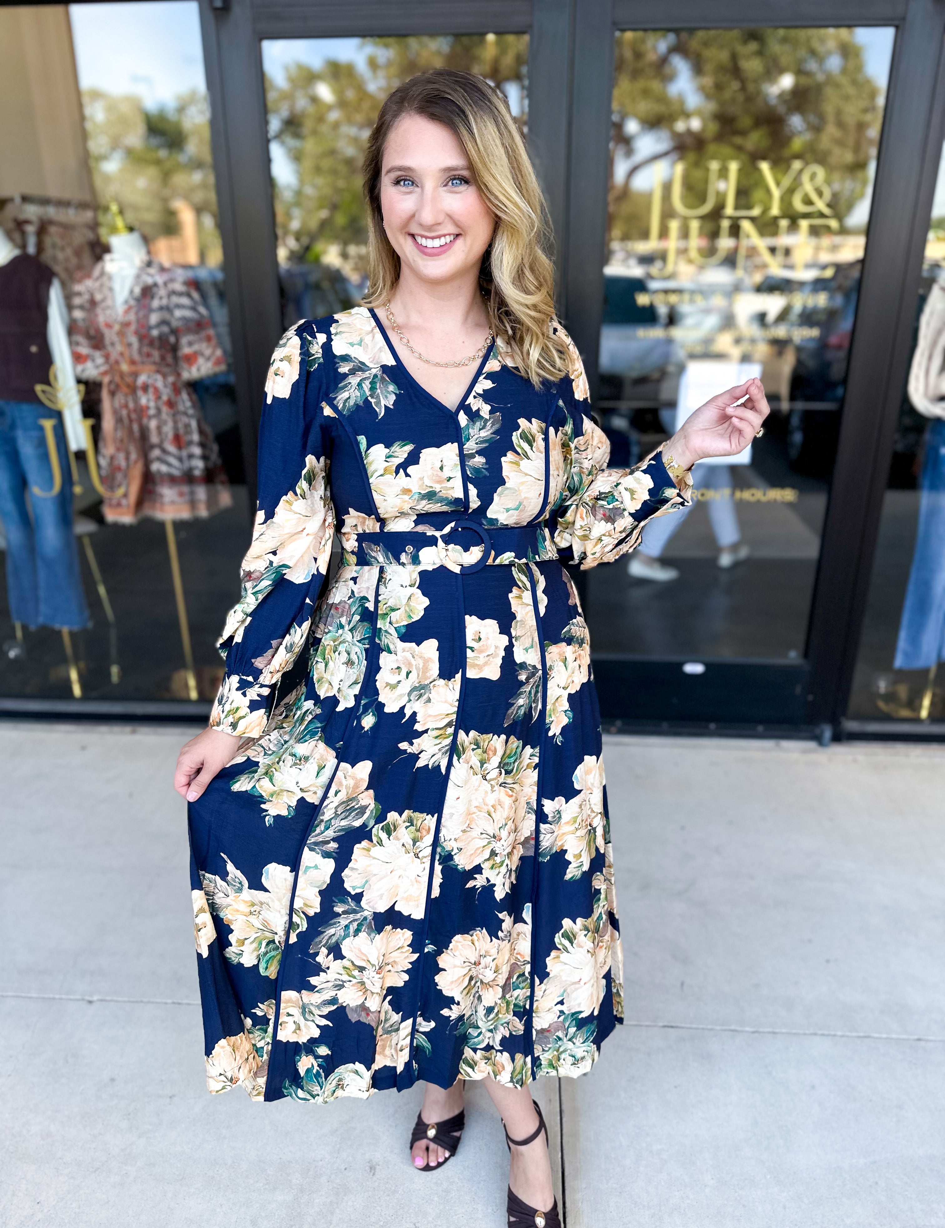 Fall Meadows Midi Dress - Midnight Blue-500 Midi-ENTRO-July & June Women's Fashion Boutique Located in San Antonio, Texas