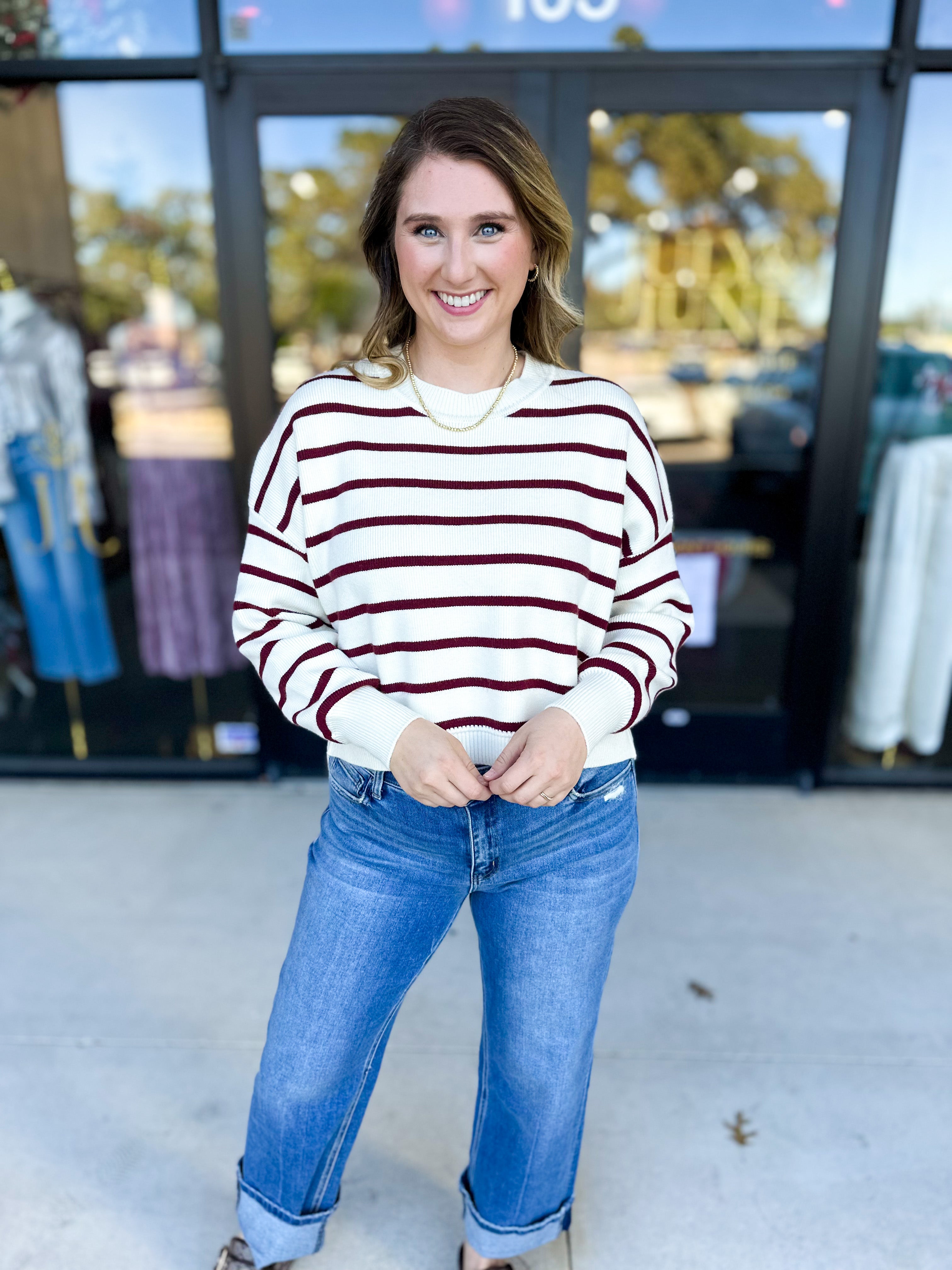 Ivory & Burgundy Sweater Top-230 Sweaters/Cardis-SKIES ARE BLUE-July & June Women's Fashion Boutique Located in San Antonio, Texas