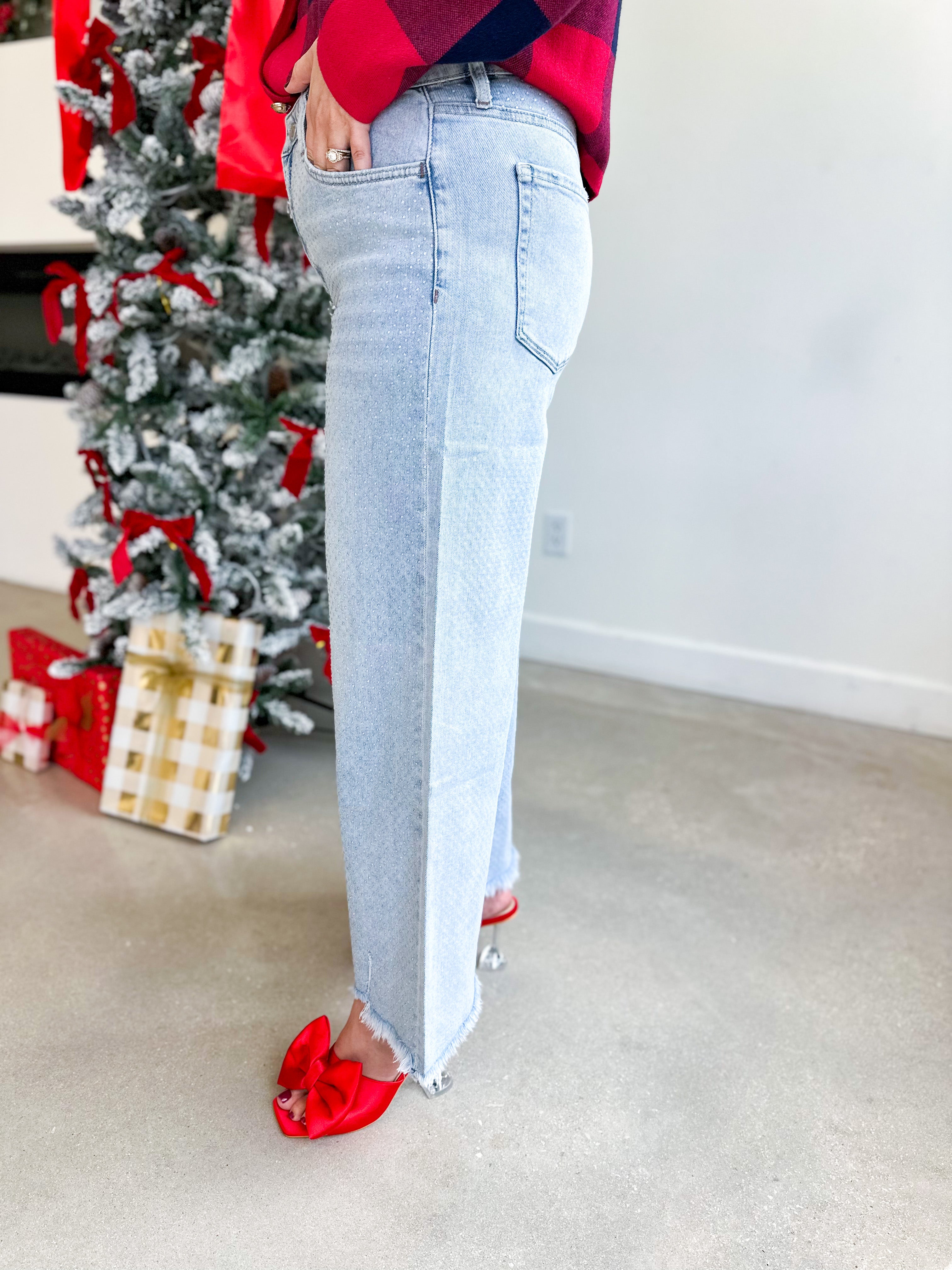 Vervet - High Rise Rhinestone Wide Leg Jeans-400 Pants-VEVERT BY FLYING MONKEY-July & June Women's Fashion Boutique Located in San Antonio, Texas