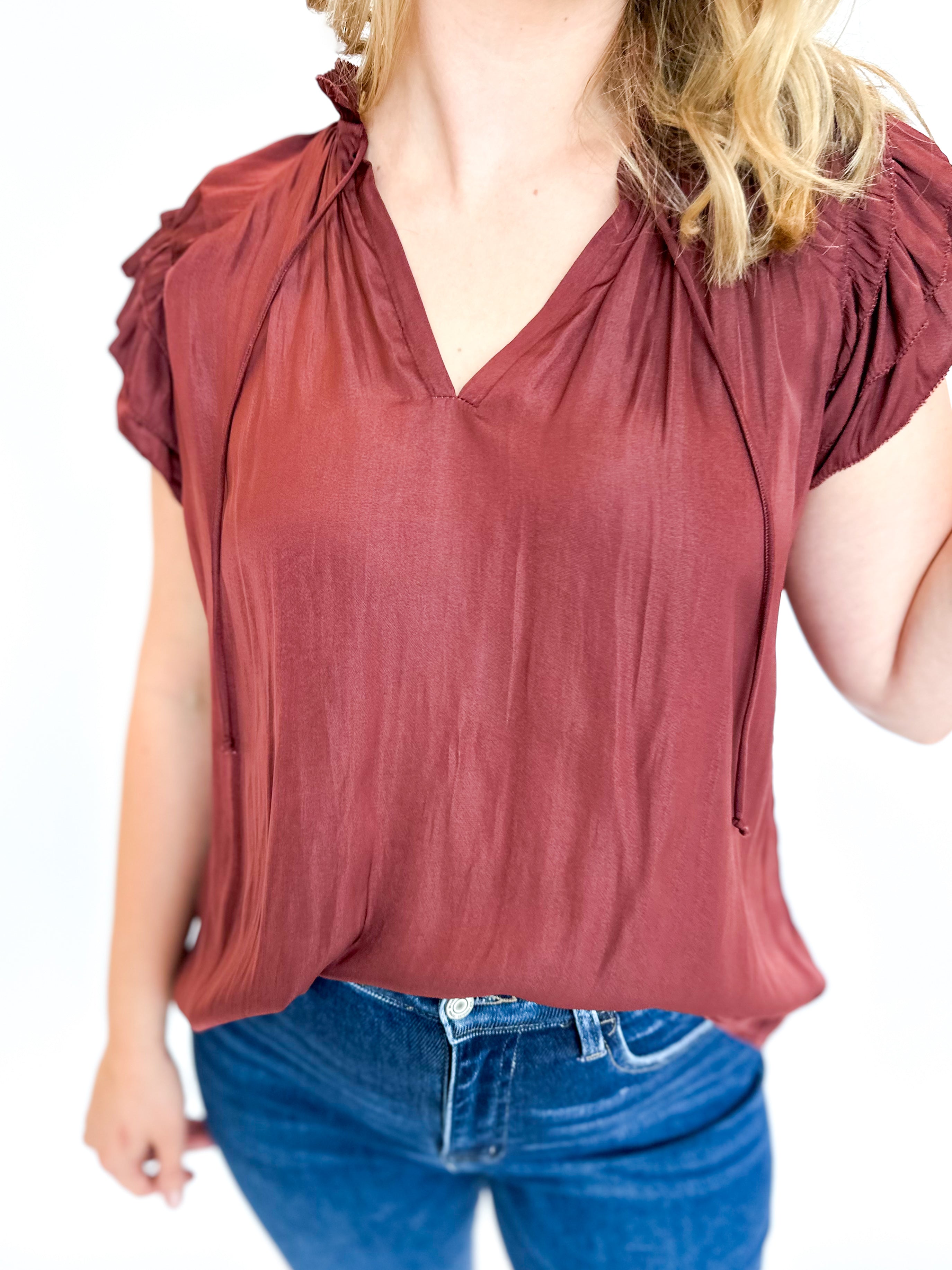 Your Holiday Satin Blouse - Burgundy-200 Fashion Blouses-GRADE & GATHER-July & June Women's Fashion Boutique Located in San Antonio, Texas