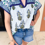 THML - Blue Floral Block Print Blouse-200 Fashion Blouses-THML-July & June Women's Fashion Boutique Located in San Antonio, Texas