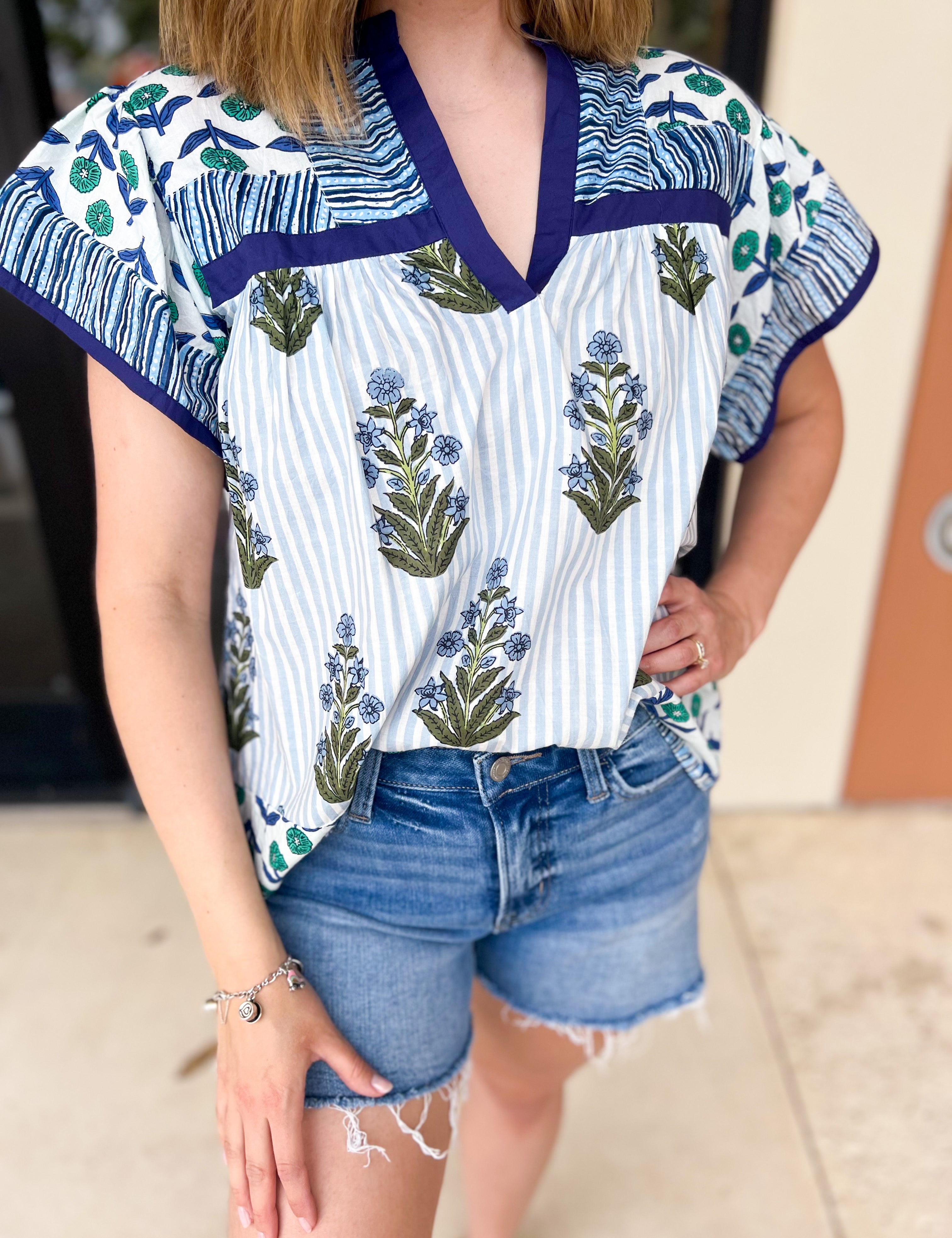 THML - Blue Floral Block Print Blouse-200 Fashion Blouses-THML-July & June Women's Fashion Boutique Located in San Antonio, Texas