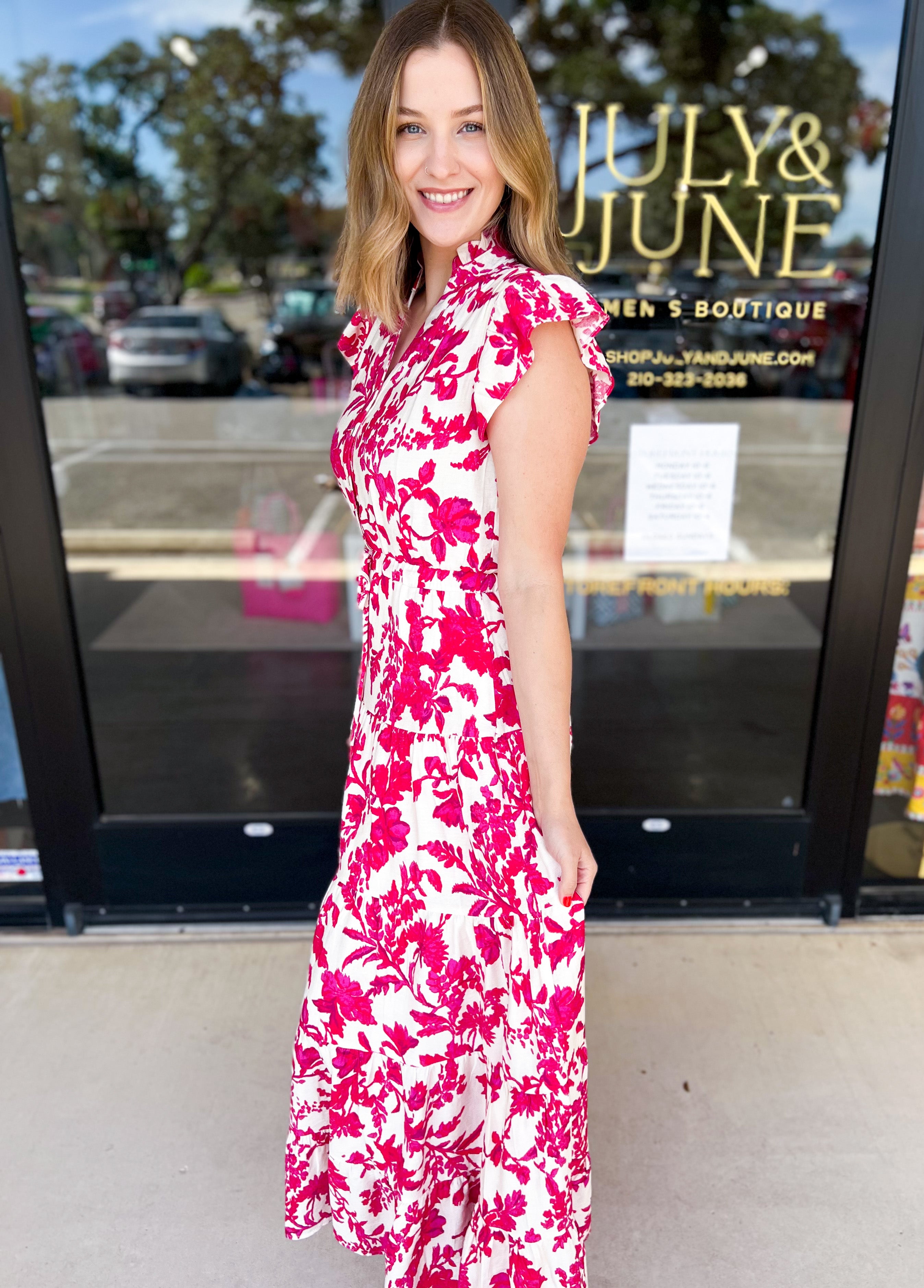 Deep Pink Floral Midi Dress-500 Midi-PINCH-July & June Women's Fashion Boutique Located in San Antonio, Texas