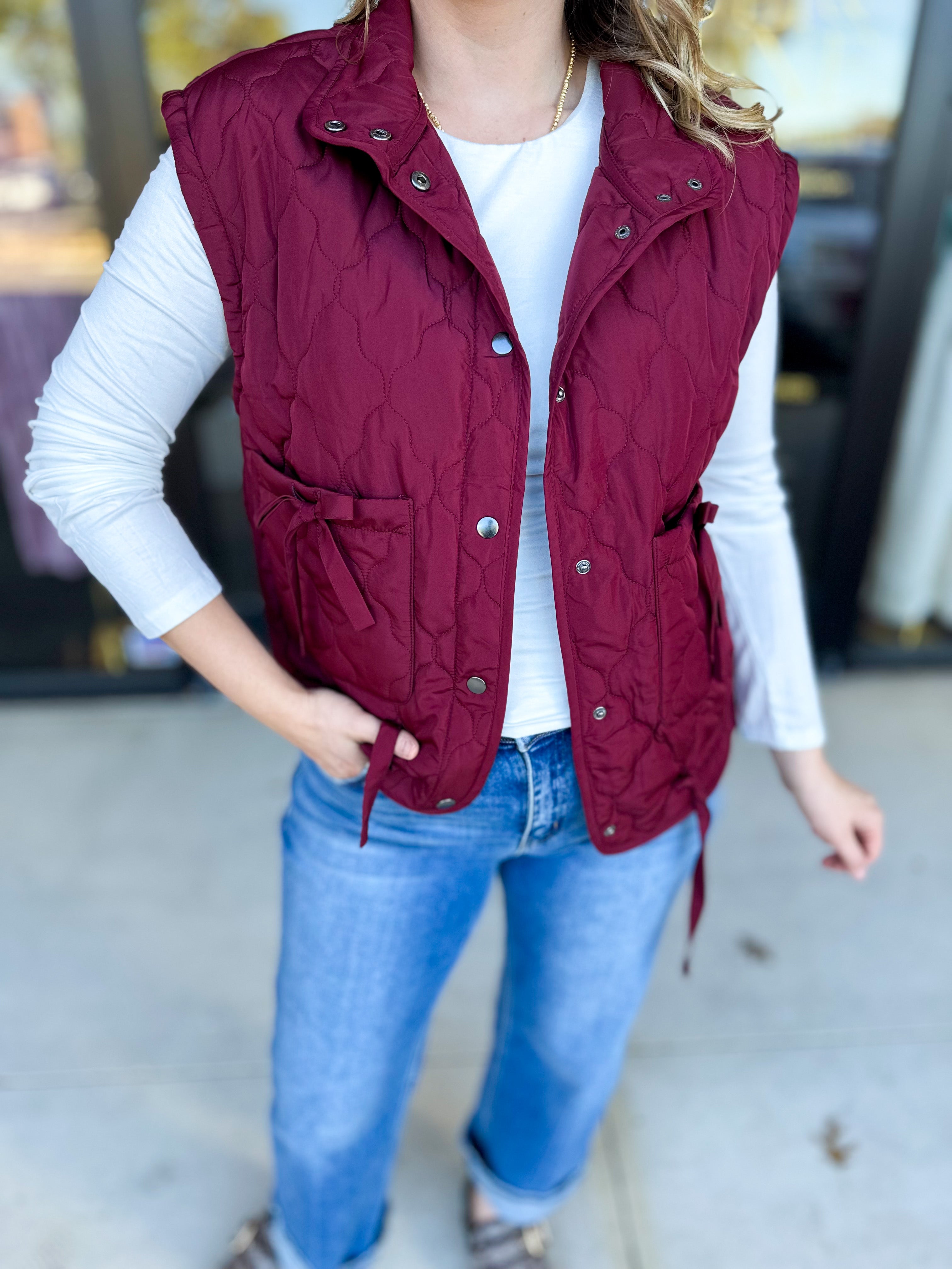 Quilted Bow Vest - Burgundy-600 Outerwear-BLU PEPPER-July & June Women's Fashion Boutique Located in San Antonio, Texas