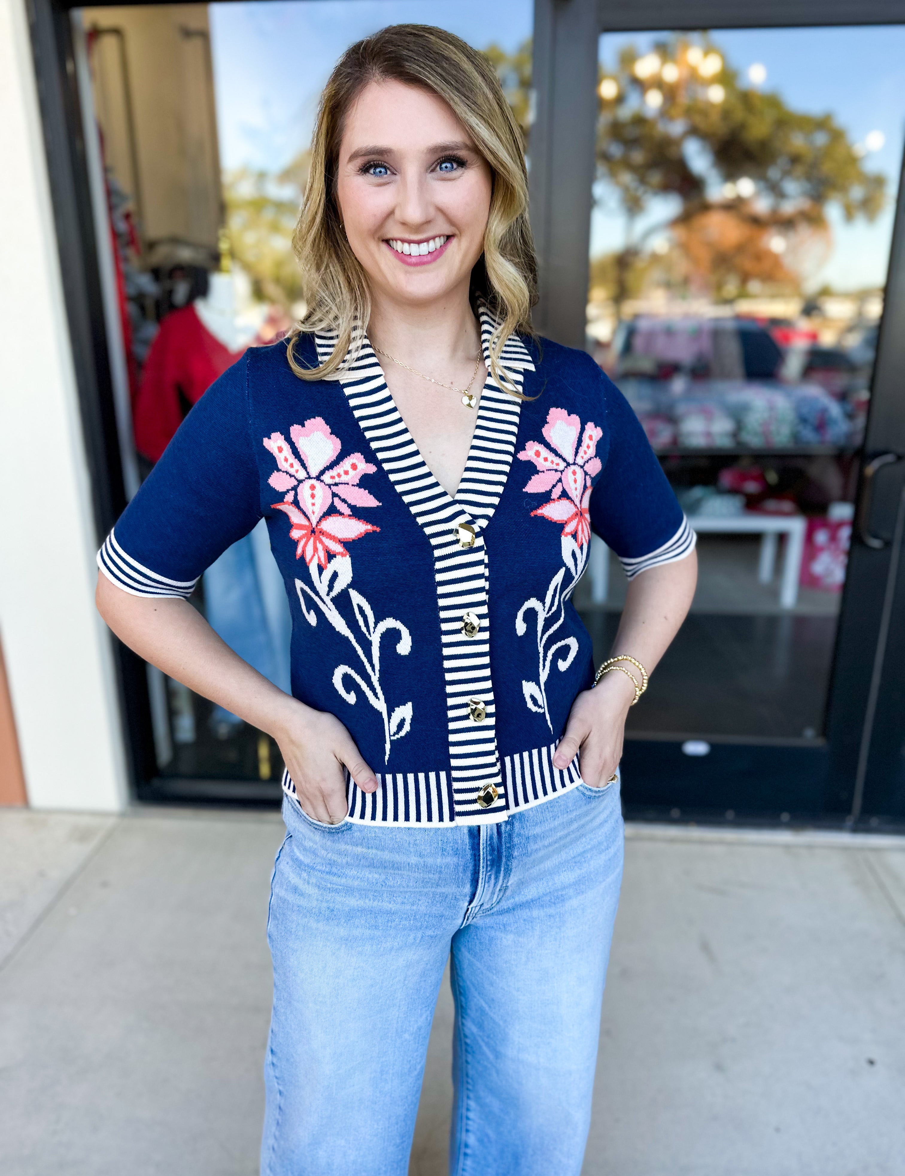 THML- Floral & Stripe Knit Top-230 Sweaters/Cardis-THML-July & June Women's Fashion Boutique Located in San Antonio, Texas