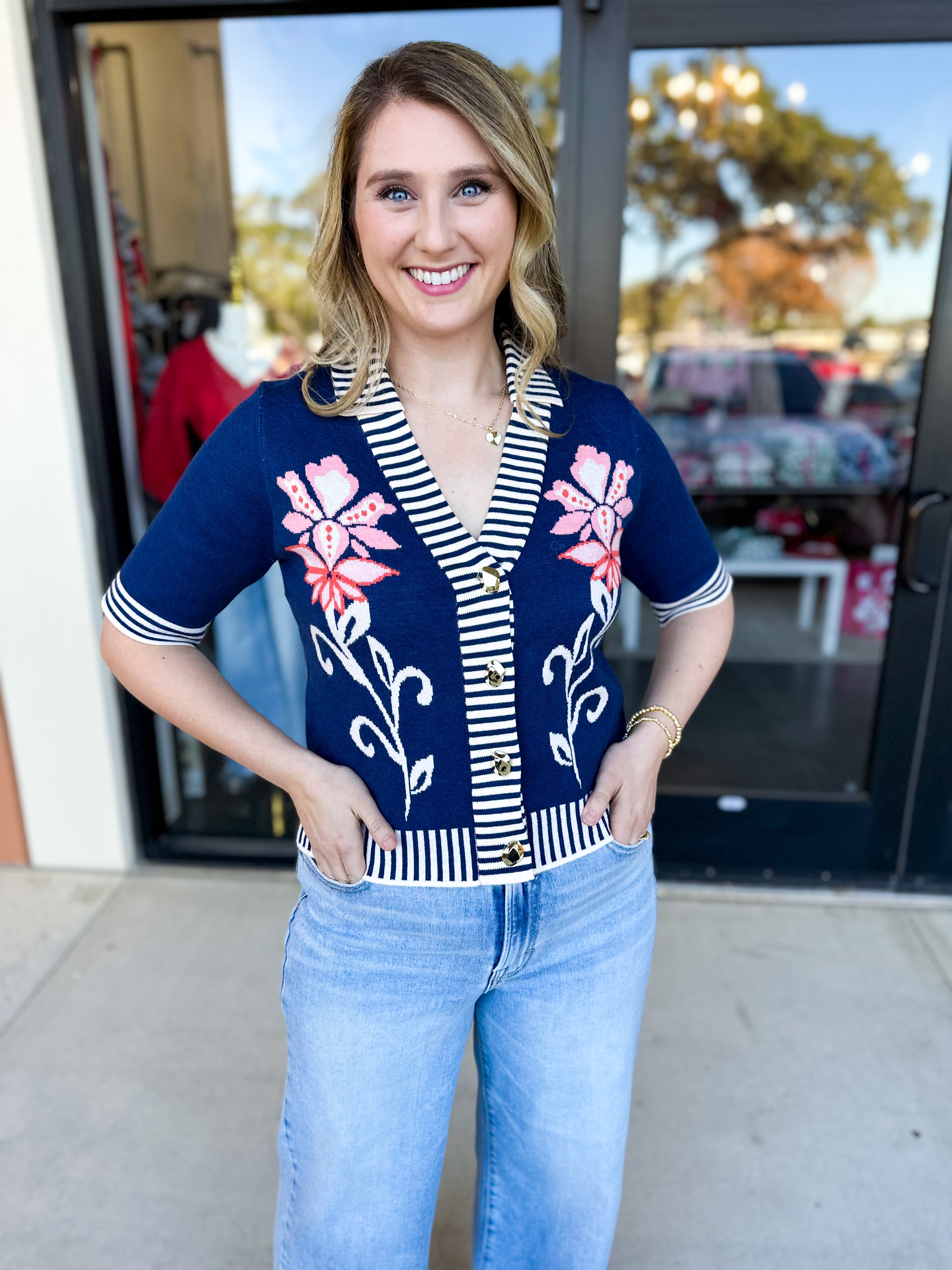 THML- Floral & Stripe Knit Top-230 Sweaters/Cardis-THML-July & June Women's Fashion Boutique Located in San Antonio, Texas