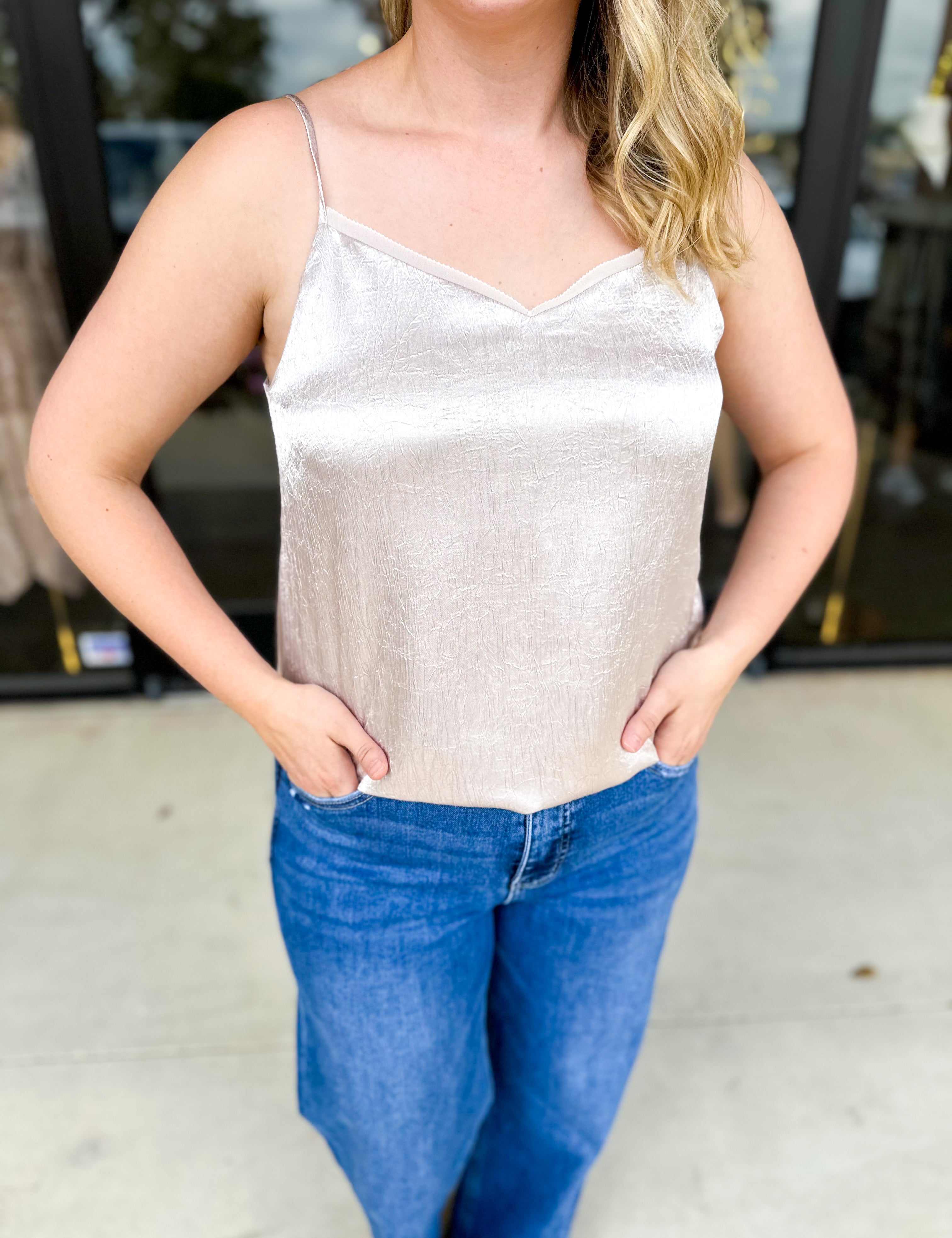 Champagne Satin Cami-200 Fashion Blouses-SKIES ARE BLUE-July & June Women's Fashion Boutique Located in San Antonio, Texas