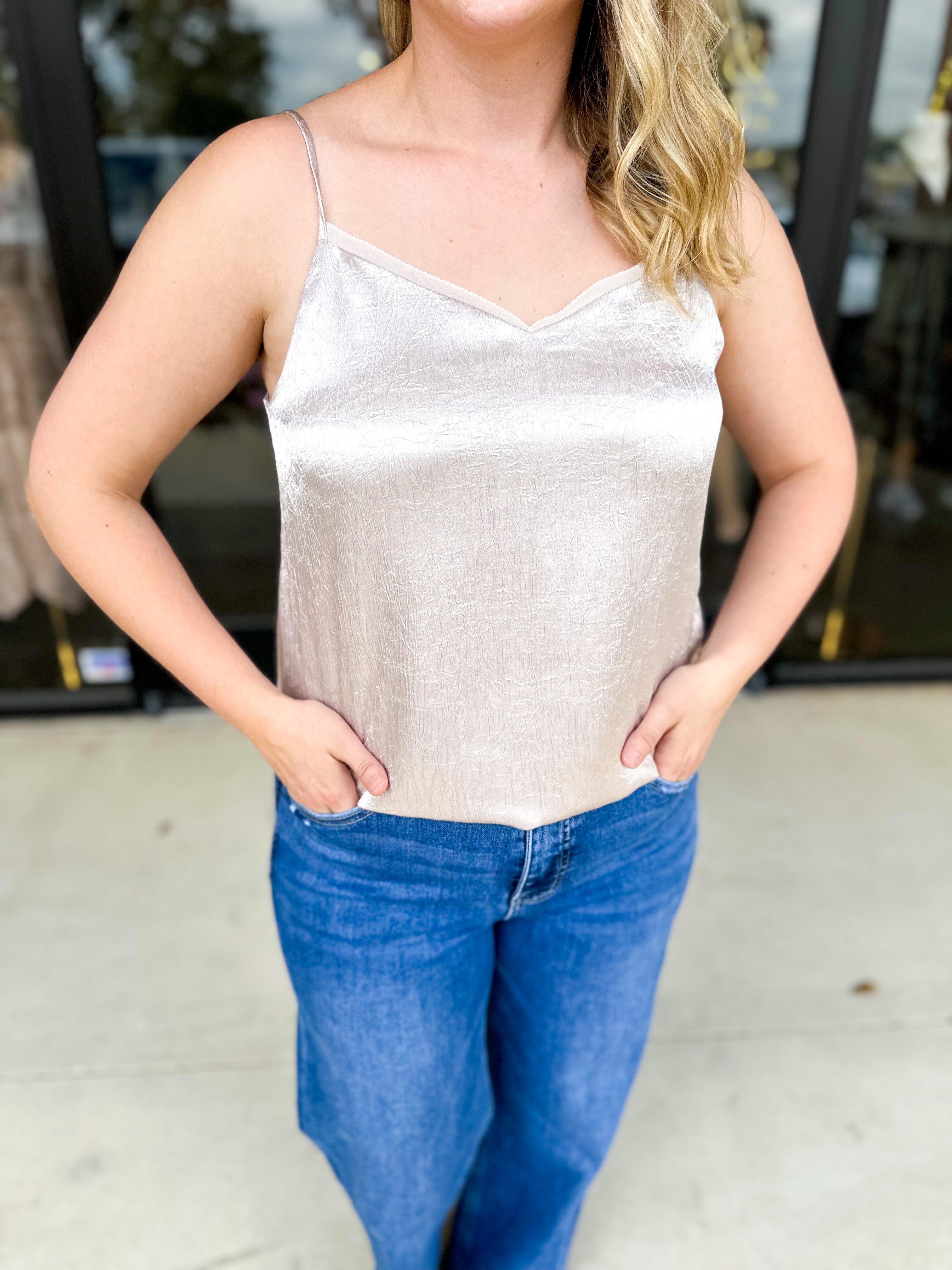 Champagne Satin Cami-200 Fashion Blouses-SKIES ARE BLUE-July & June Women's Fashion Boutique Located in San Antonio, Texas