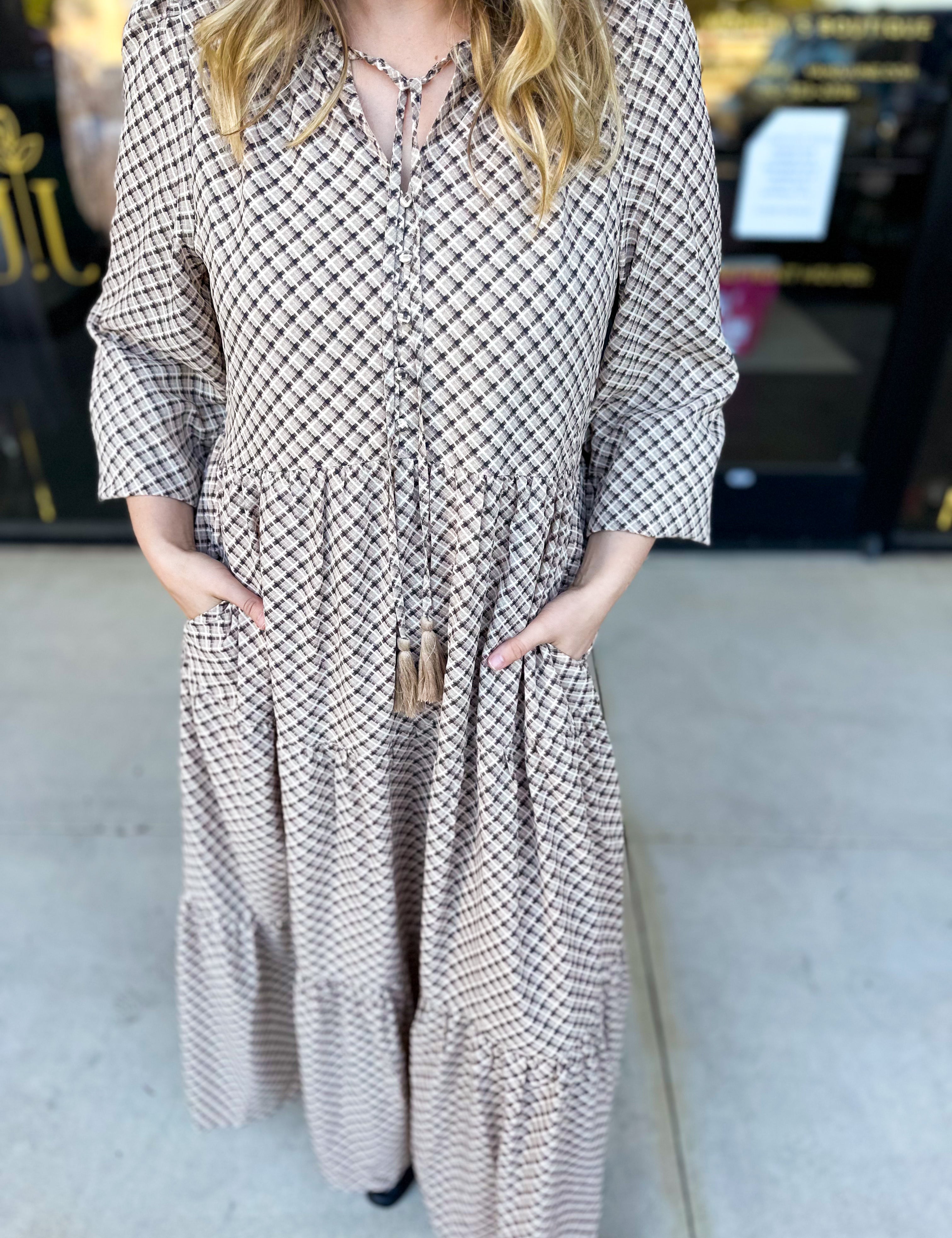 Taupe & Black Midi Dress-500 Midi-POLOGRAM-July & June Women's Fashion Boutique Located in San Antonio, Texas