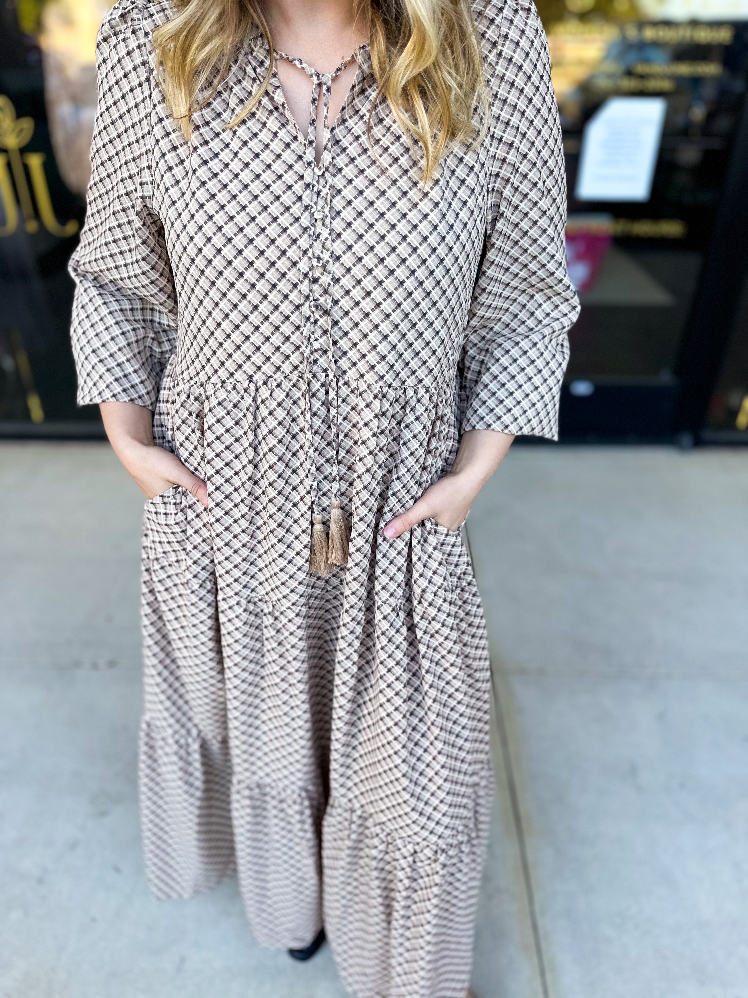 Taupe & Black Midi Dress-500 Midi-POLOGRAM-July & June Women's Fashion Boutique Located in San Antonio, Texas