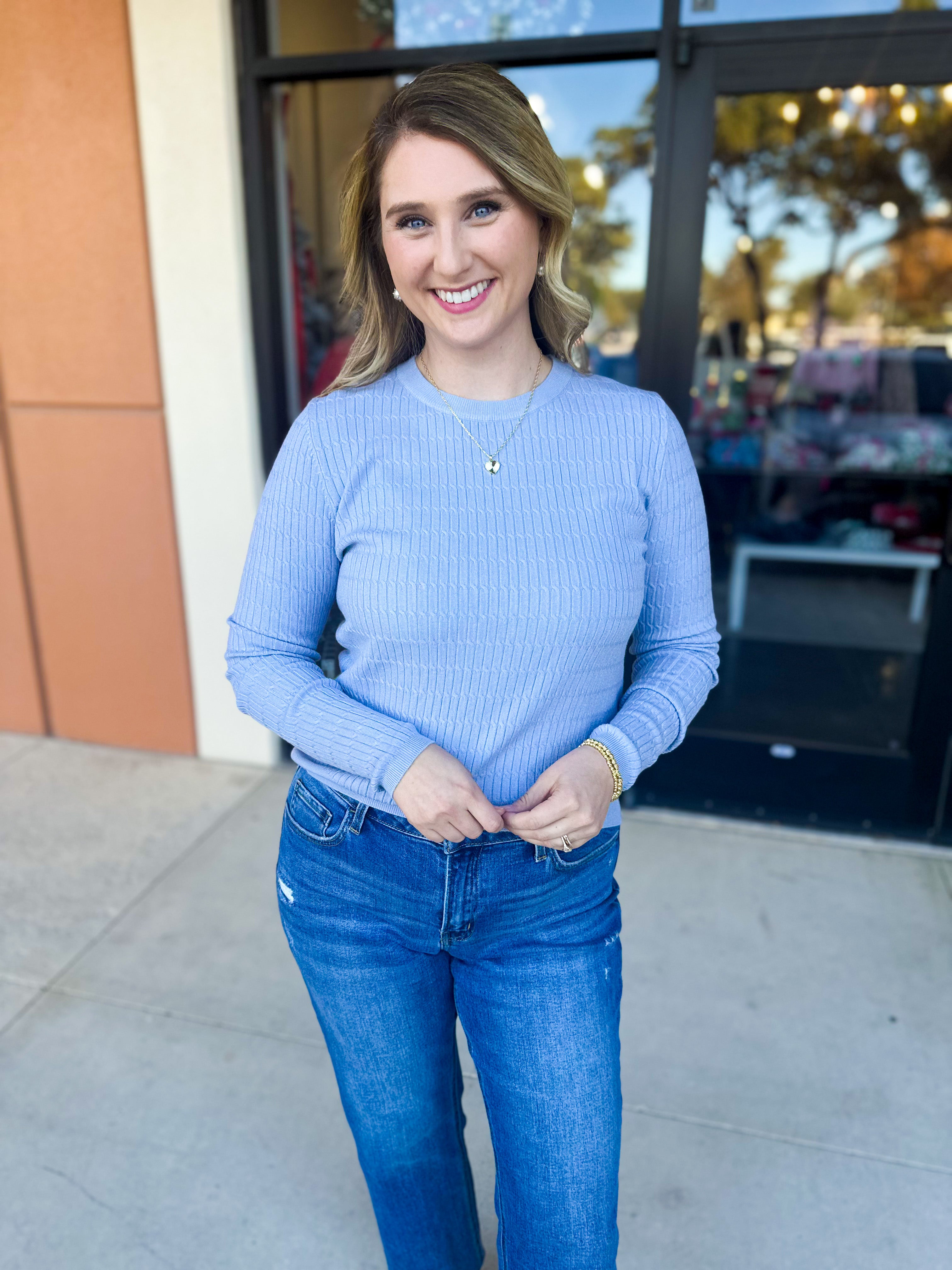 Tailored Cable Knit Sweater Top - Soft Blue-230 Sweaters/Cardis-ALLIE ROSE-July & June Women's Fashion Boutique Located in San Antonio, Texas