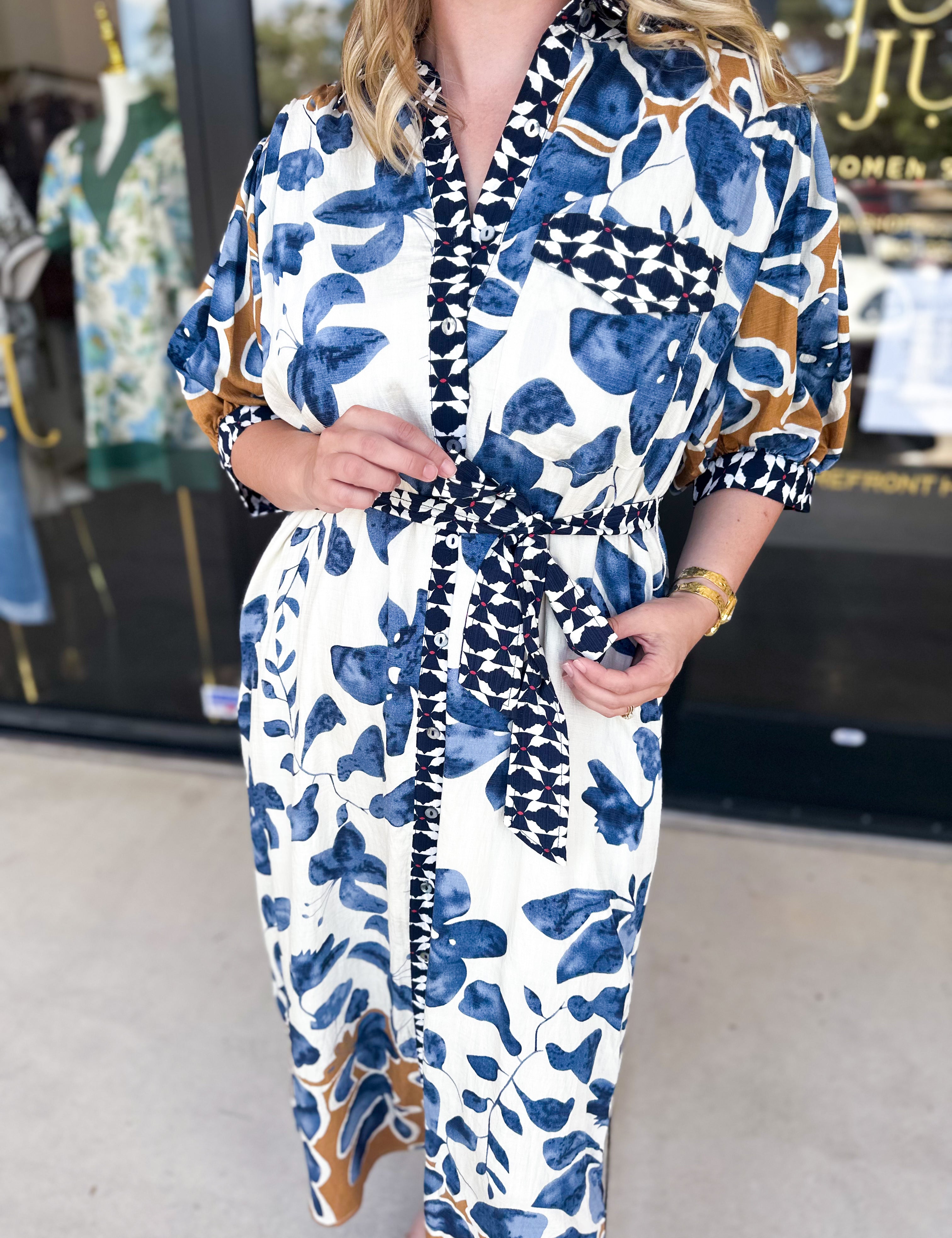 Slate Blue & Rust Watercolor Midi Dress-500 Midi-ENTRO-July & June Women's Fashion Boutique Located in San Antonio, Texas