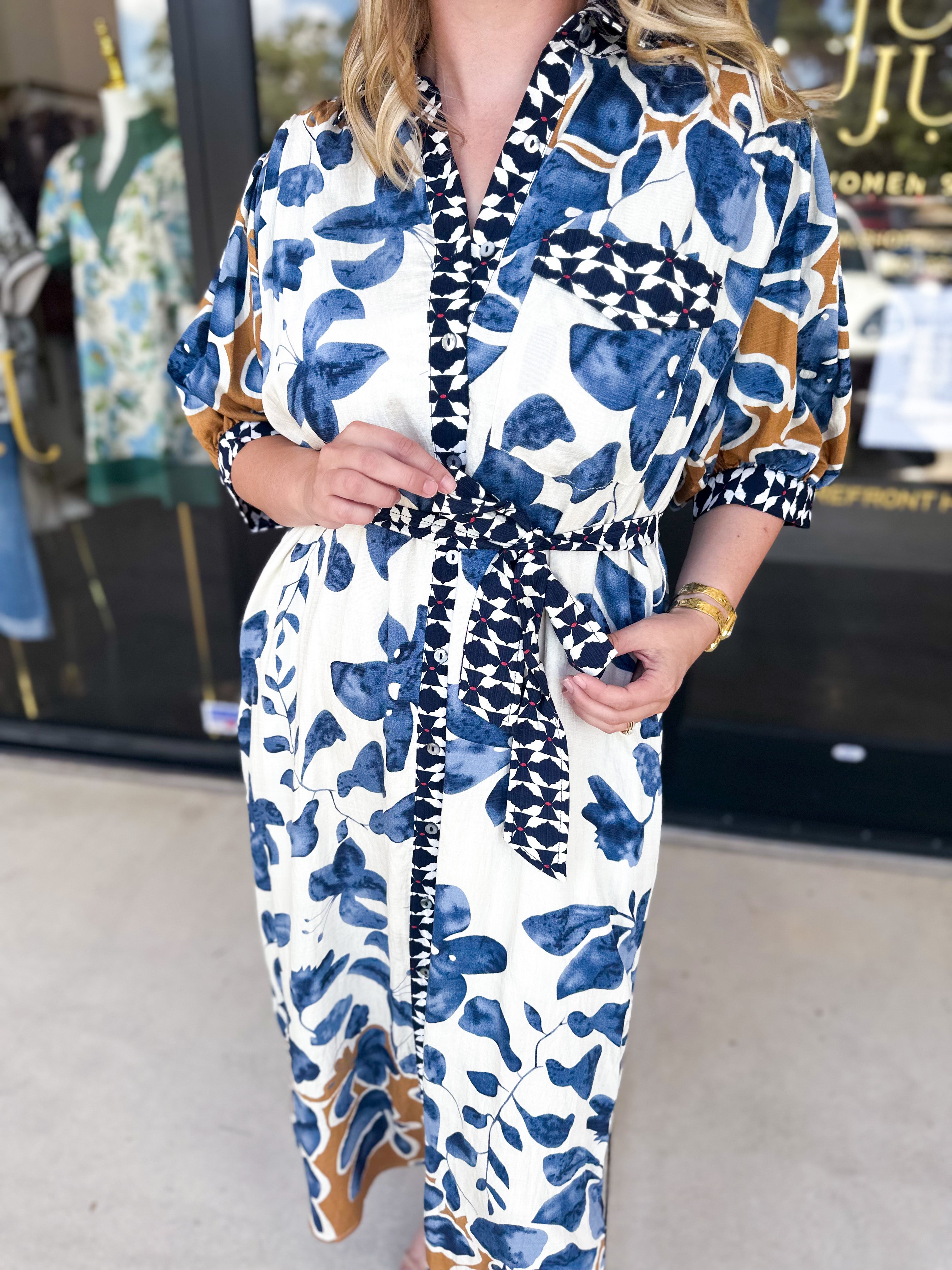 Slate Blue & Rust Watercolor Midi Dress-500 Midi-ENTRO-July & June Women's Fashion Boutique Located in San Antonio, Texas