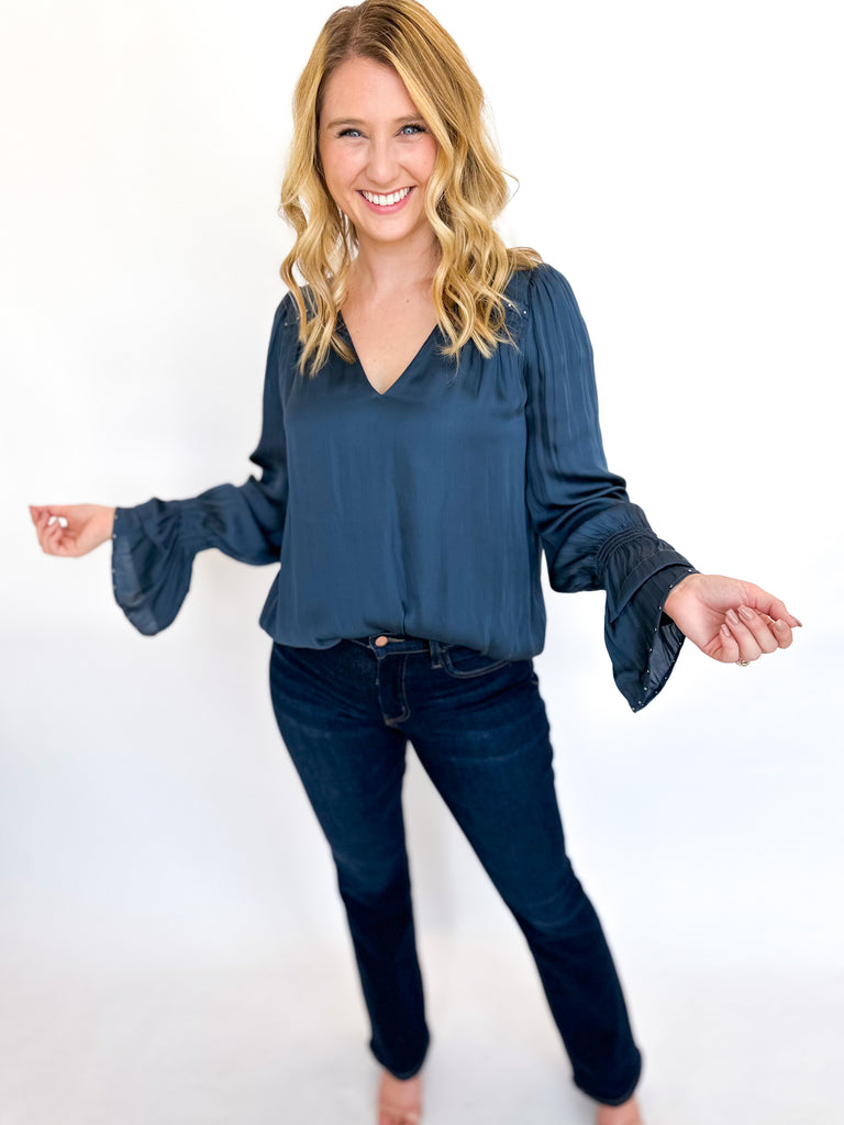 Studded Long Sleeve Blouse- Navy-200 Fashion Blouses-CURRENT AIR CLOTHING-July & June Women's Fashion Boutique Located in San Antonio, Texas