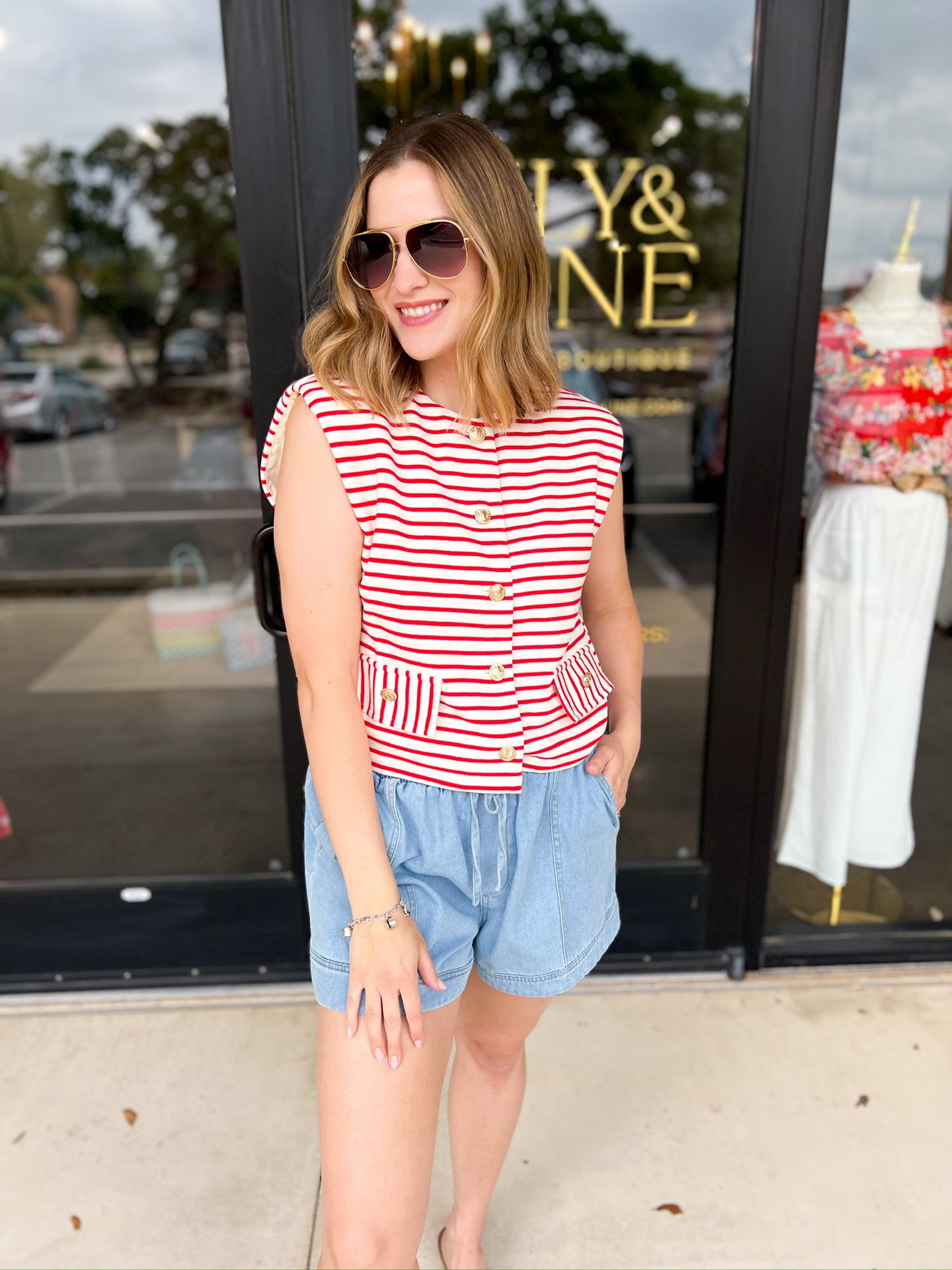 Trendy Red Stripe Vest-200 Fashion Blouses-ENTRO-July & June Women's Fashion Boutique Located in San Antonio, Texas