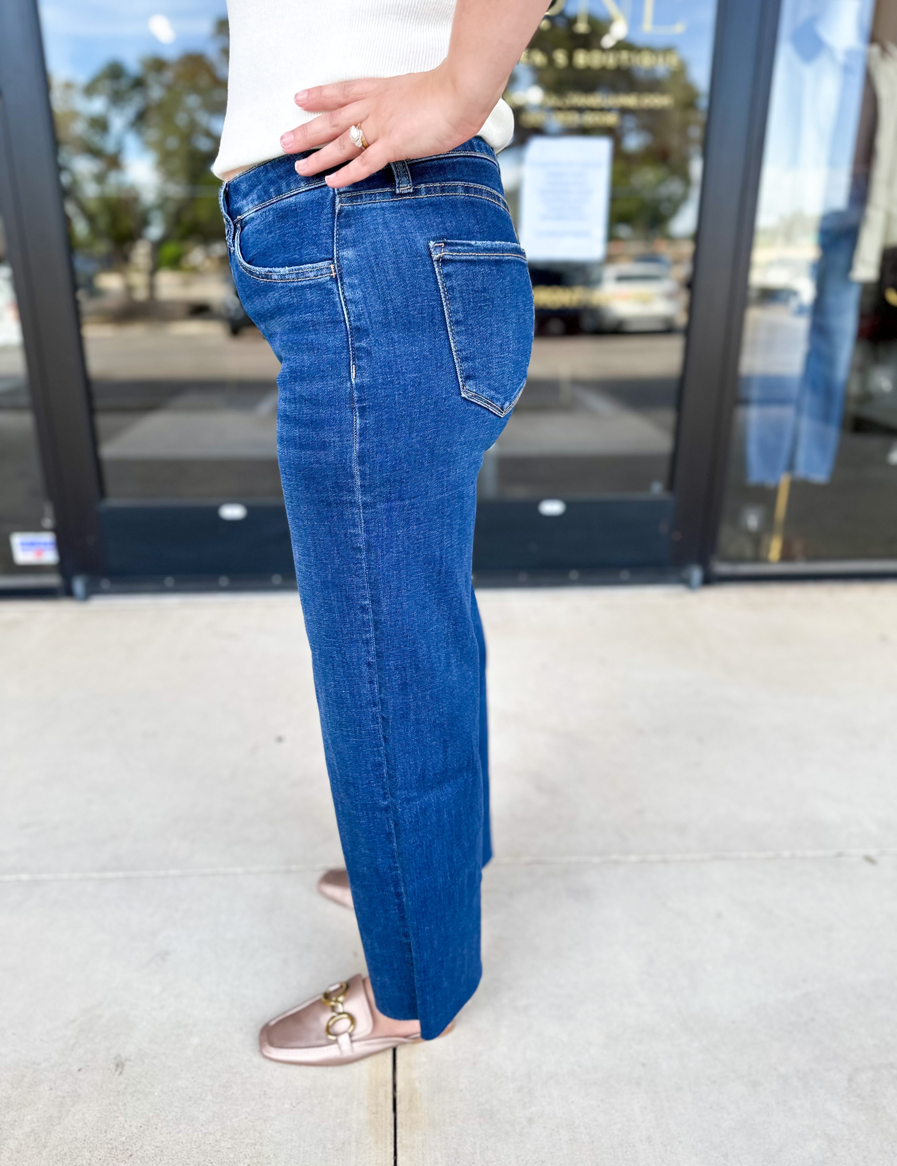 Vervet - Dark Mid Rise Wide Leg Tummy Control Jeans-400 Pants-VEVERT BY FLYING MONKEY-July & June Women's Fashion Boutique Located in San Antonio, Texas