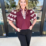 Maroon Embroidered Blouse-200 Fashion Blouses-ENTRO-July & June Women's Fashion Boutique Located in San Antonio, Texas