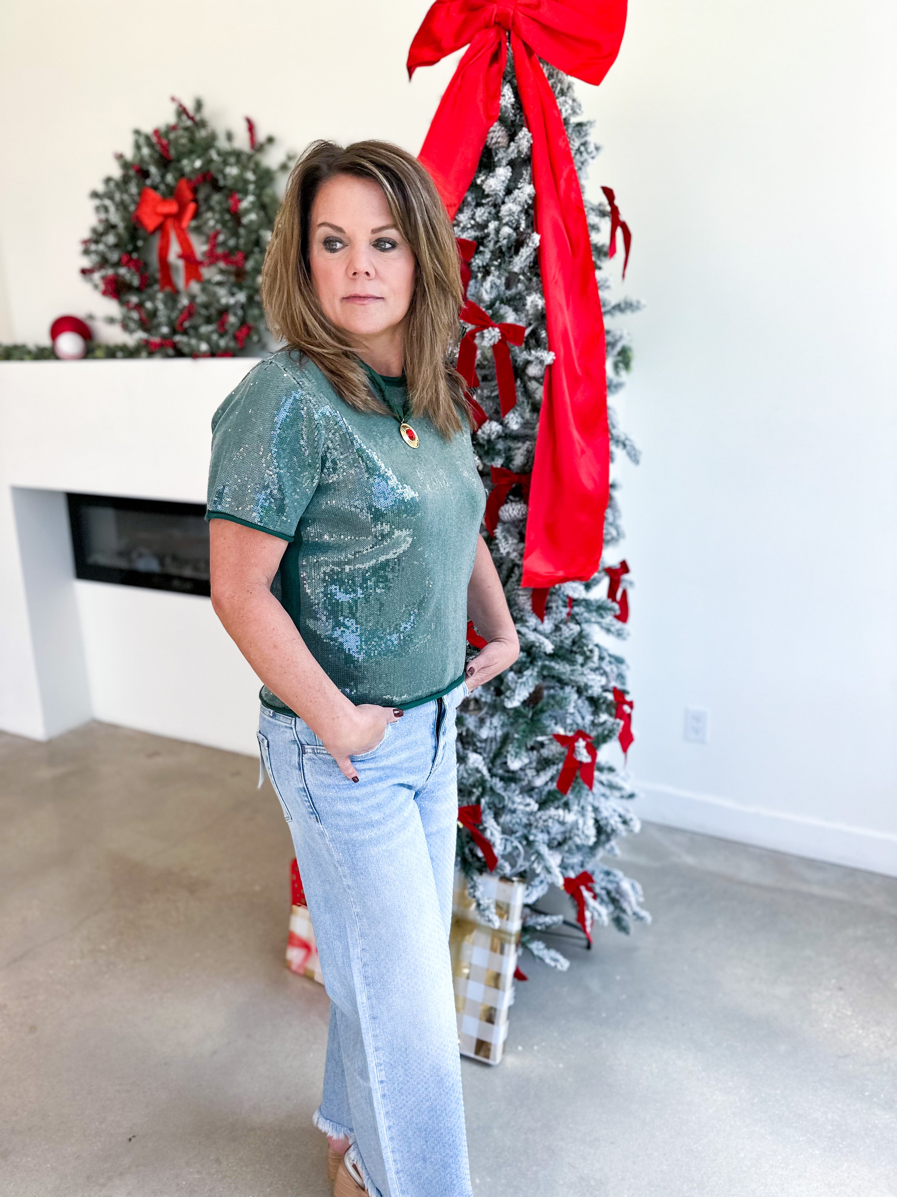 Holiday Party Sweater Top - Hunter Green-200 Fashion Blouses-JODIFL-July & June Women's Fashion Boutique Located in San Antonio, Texas