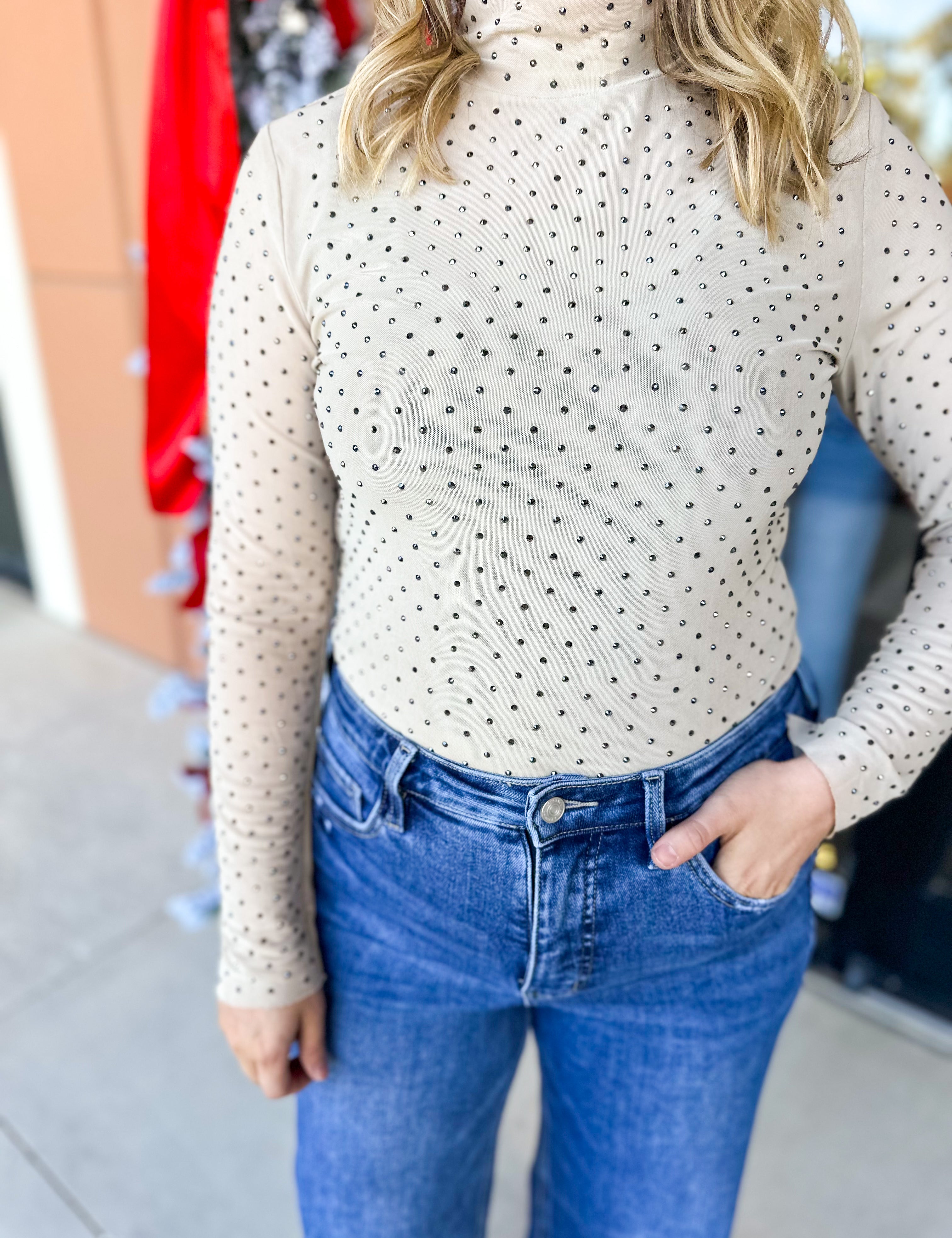 Sheer Rhinestone Long Sleeve Top - Champagne-200 Fashion Blouses-SKIES ARE BLUE-July & June Women's Fashion Boutique Located in San Antonio, Texas