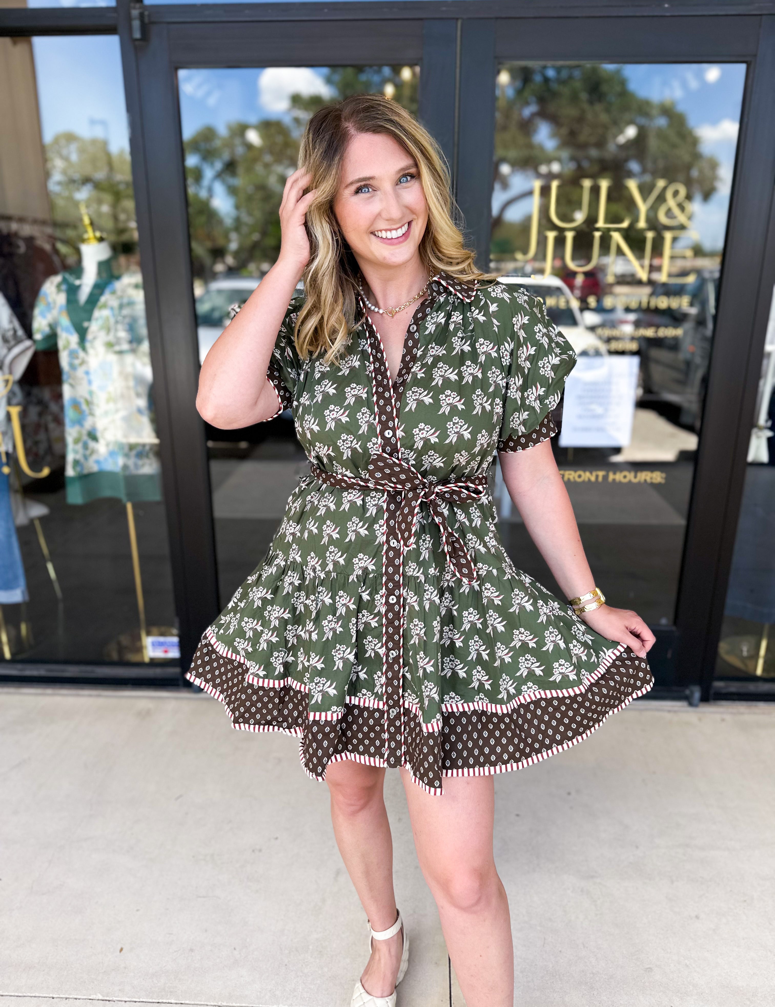 Olive & Chocolate Brown Floral Mini Dress-510 Mini-ENTRO-July & June Women's Fashion Boutique Located in San Antonio, Texas