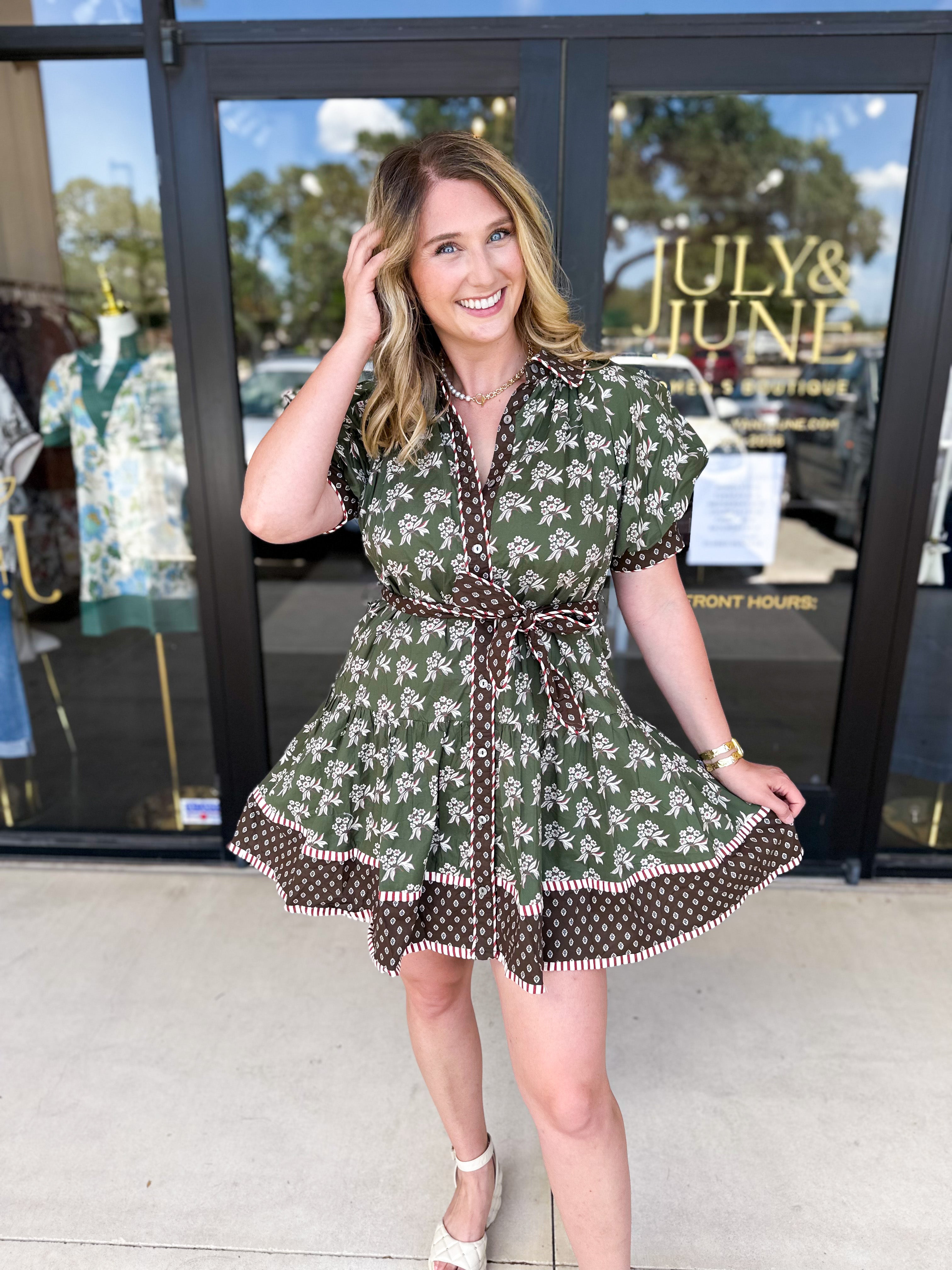 Olive & Chocolate Brown Floral Mini Dress-510 Mini-ENTRO-July & June Women's Fashion Boutique Located in San Antonio, Texas