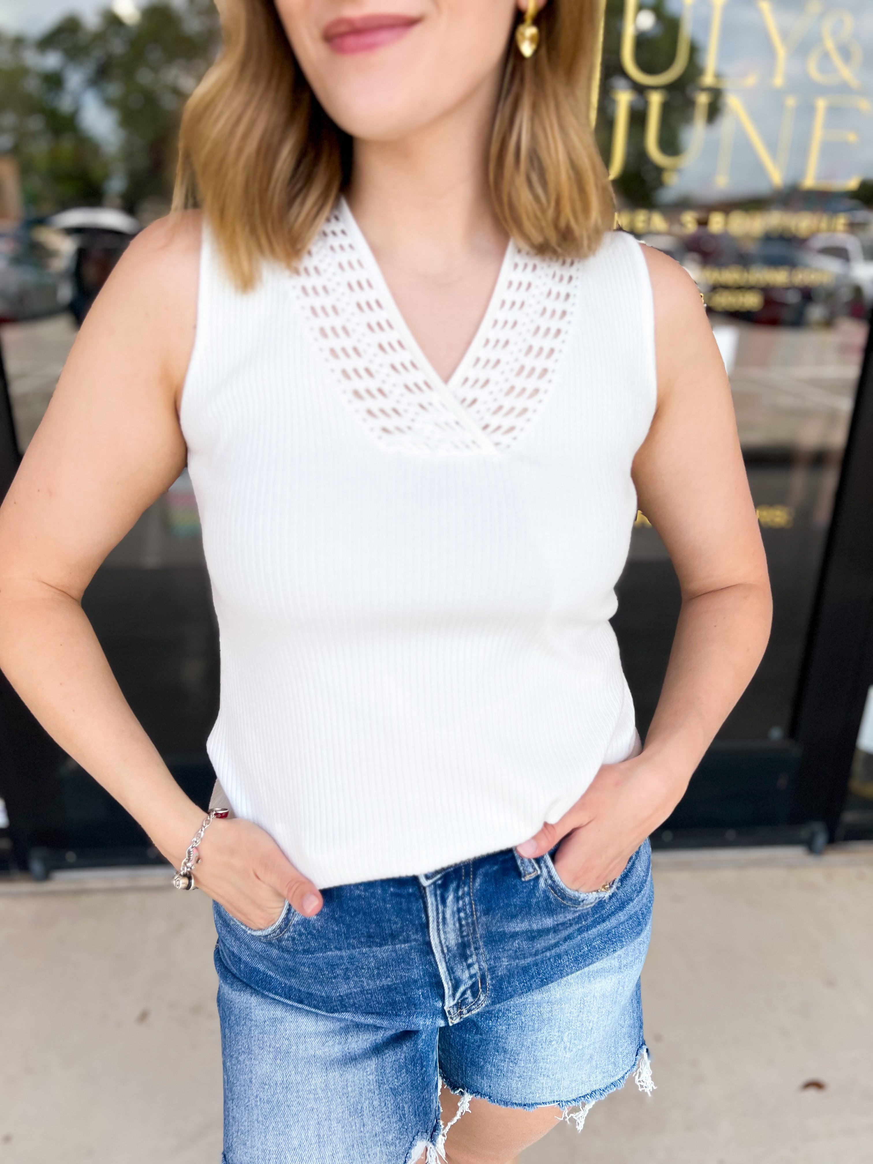 White V-Neck Knit Tank-200 Fashion Blouses-FATE-July & June Women's Fashion Boutique Located in San Antonio, Texas
