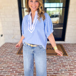Seersucker Sweet Blouse - Light Blue-200 Fashion Blouses-ENTRO-July & June Women's Fashion Boutique Located in San Antonio, Texas