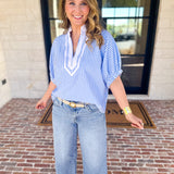 Seersucker Sweet Blouse - Light Blue-200 Fashion Blouses-ENTRO-July & June Women's Fashion Boutique Located in San Antonio, Texas