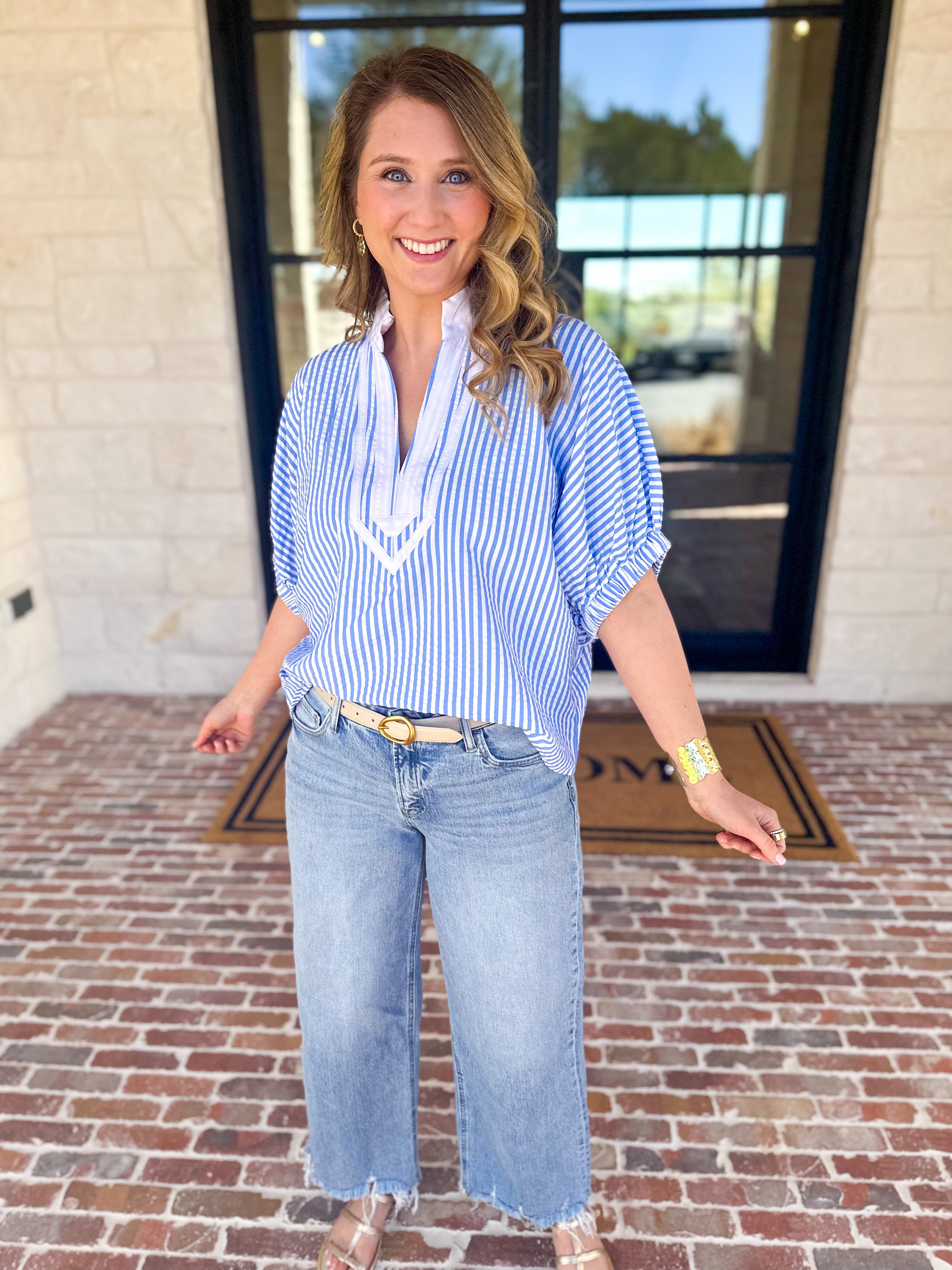 Seersucker Sweet Blouse - Light Blue-200 Fashion Blouses-ENTRO-July & June Women's Fashion Boutique Located in San Antonio, Texas
