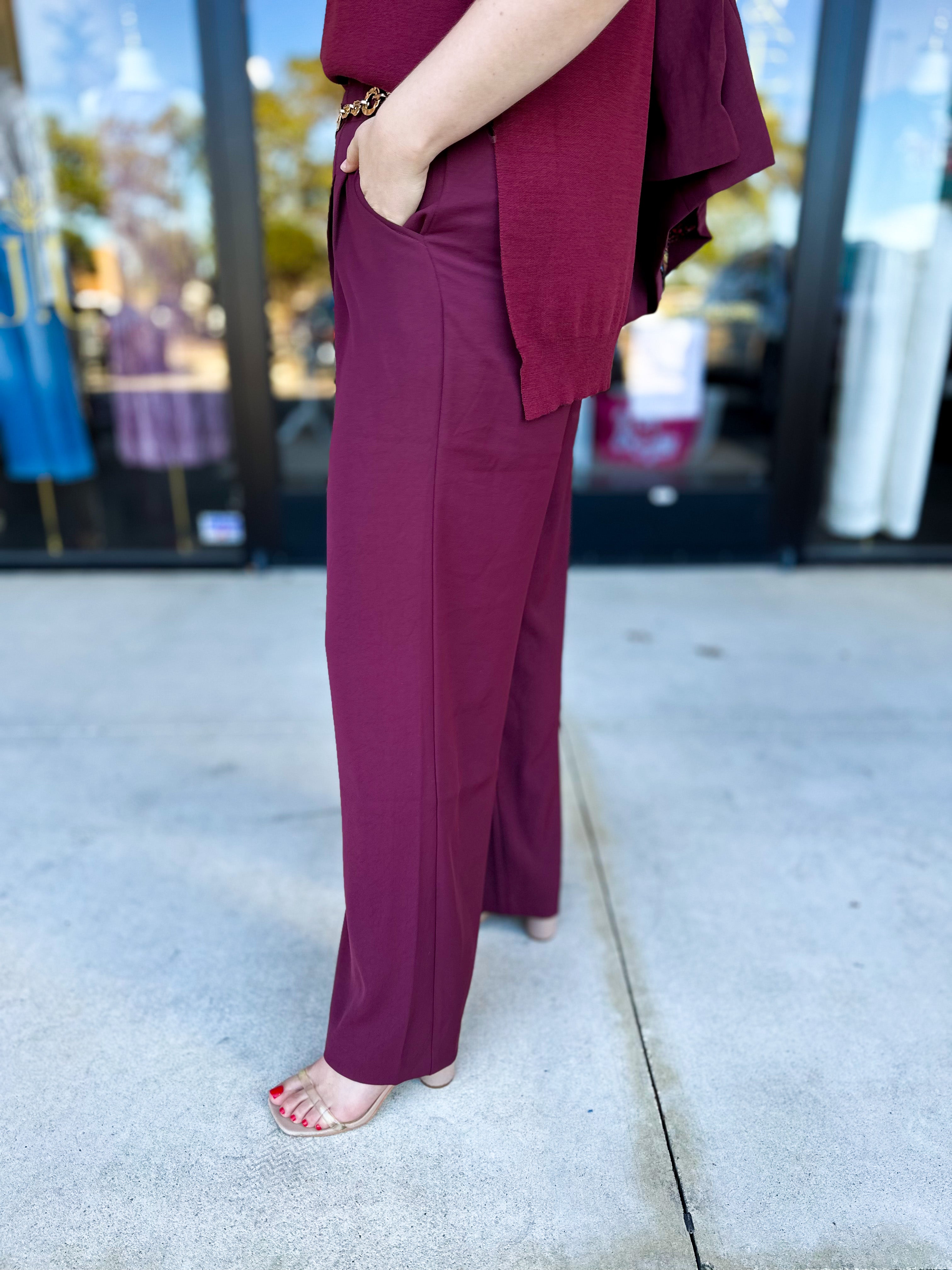 Wide Leg Trousers - Wine-400 Pants-SKIES ARE BLUE-July & June Women's Fashion Boutique Located in San Antonio, Texas