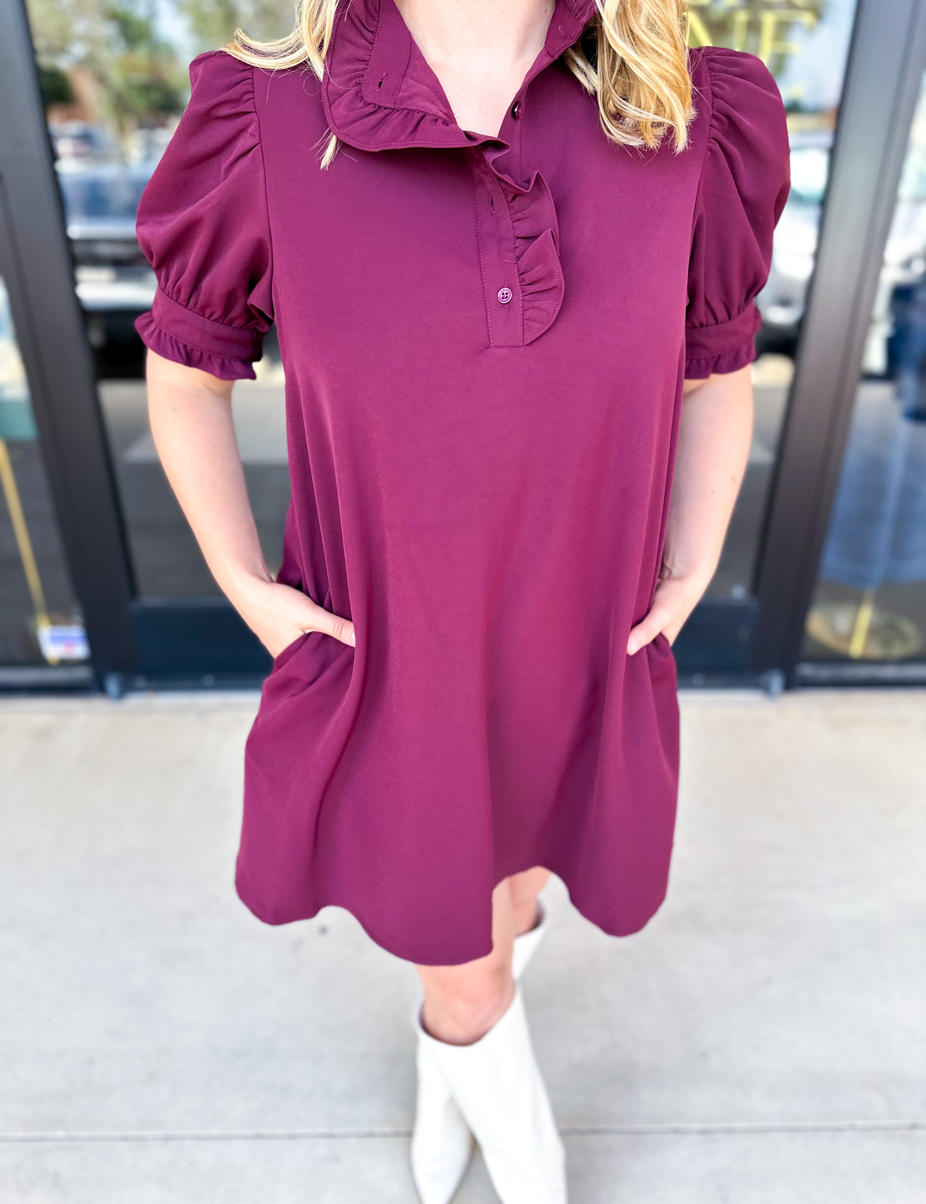 Maroon Ruffle Mini Dress-510 Mini-ENTRO-July & June Women's Fashion Boutique Located in San Antonio, Texas