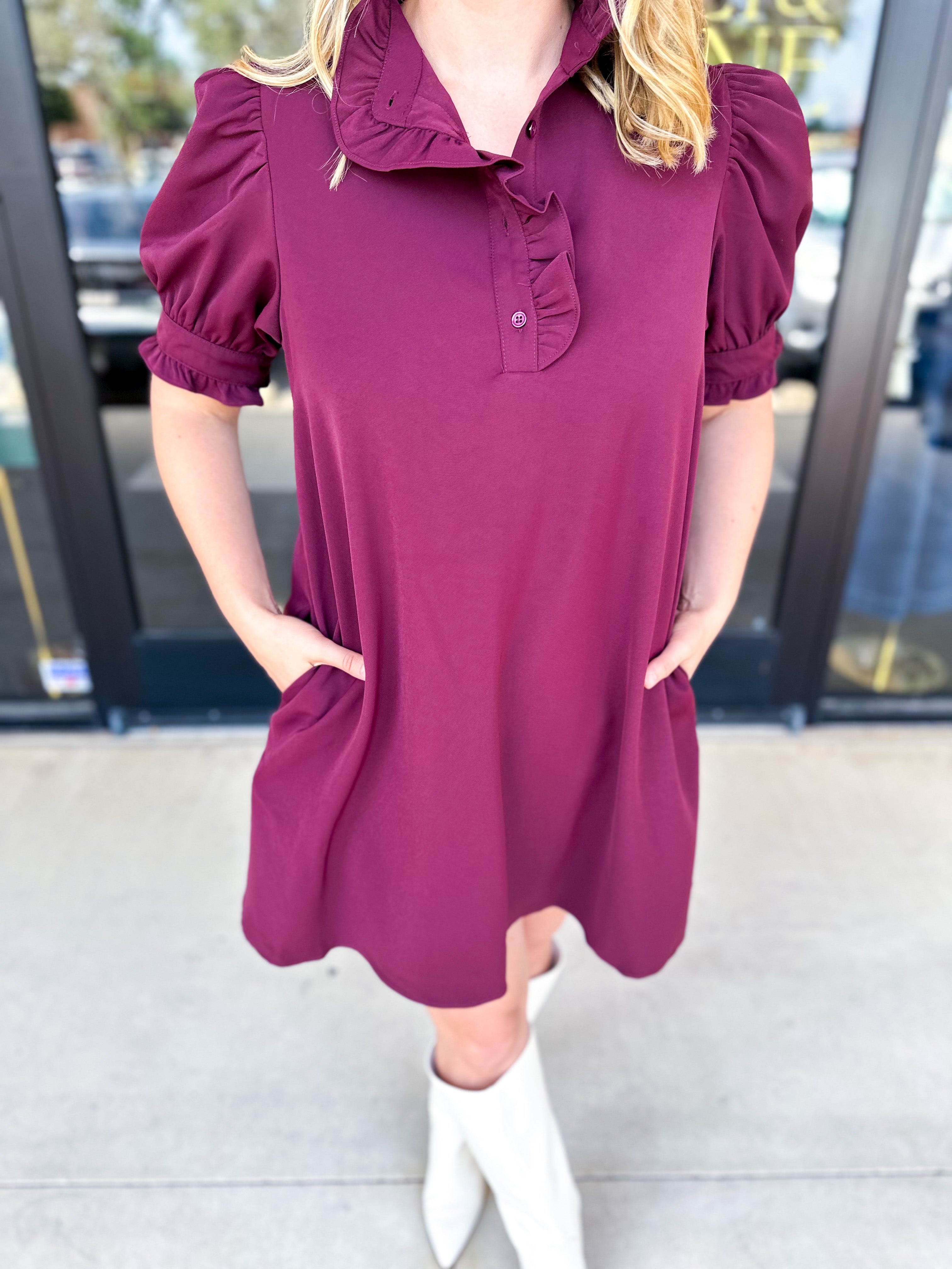 Maroon Ruffle Mini Dress-510 Mini-ENTRO-July & June Women's Fashion Boutique Located in San Antonio, Texas