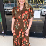 Mocha & Rust Floral Midi Dress-500 Midi-ENTRO-July & June Women's Fashion Boutique Located in San Antonio, Texas