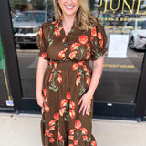 Mocha & Rust Floral Midi Dress-500 Midi-ENTRO-July & June Women's Fashion Boutique Located in San Antonio, Texas