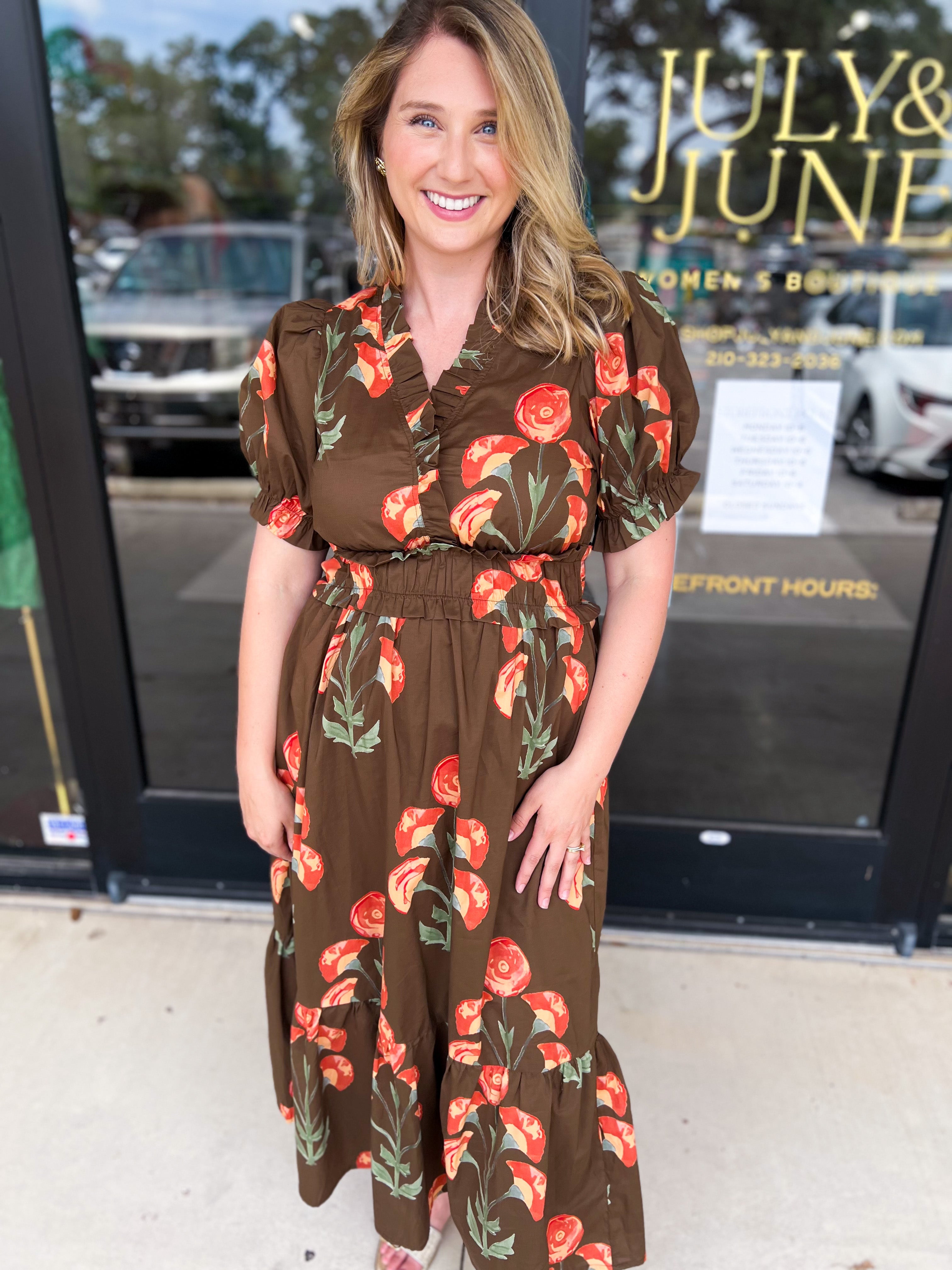 Mocha & Rust Floral Midi Dress-500 Midi-ENTRO-July & June Women's Fashion Boutique Located in San Antonio, Texas
